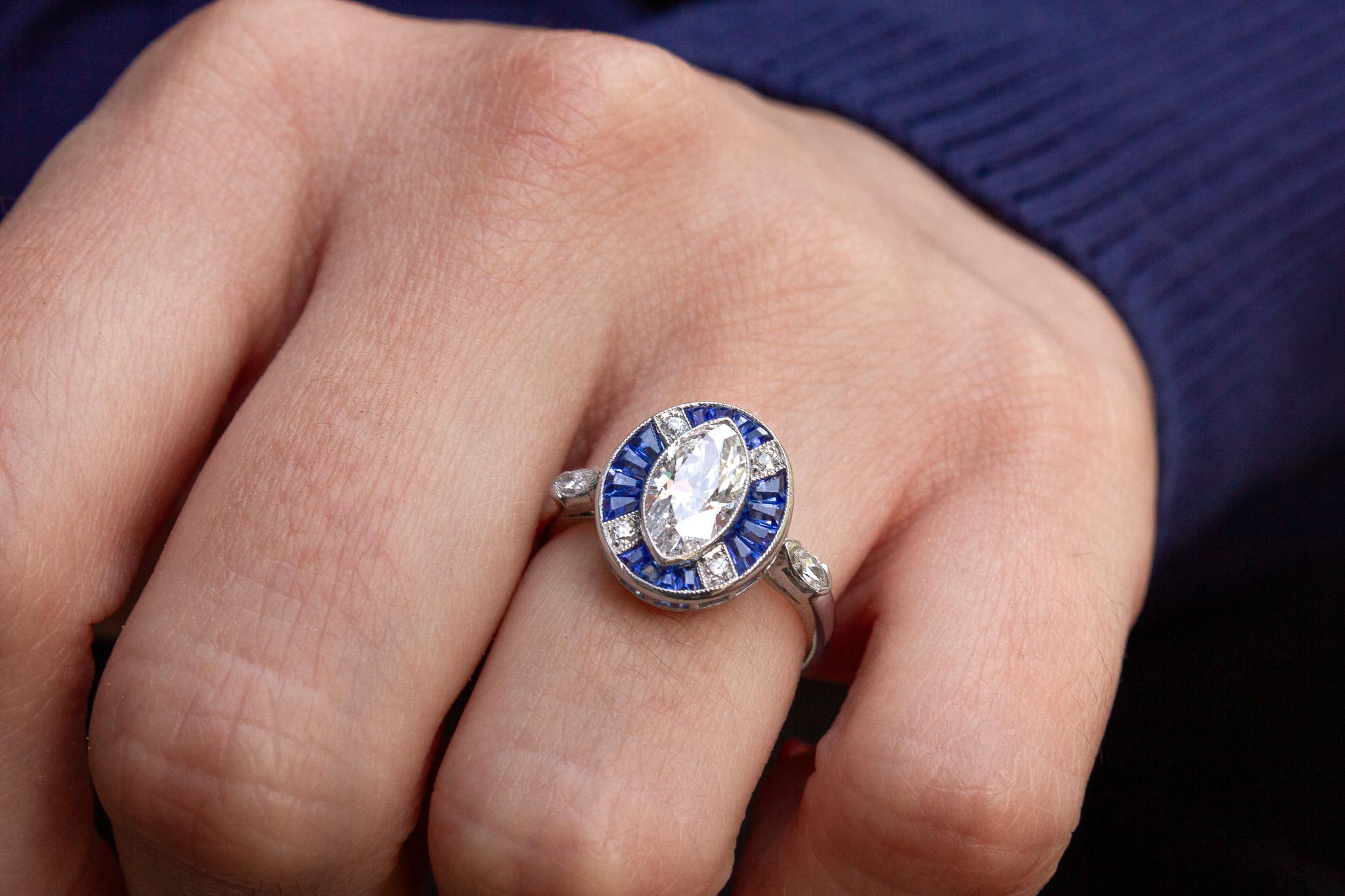 Marquise Cut J. Birnbach Antique 1.20 E SI1 Marquise Diamond and Sapphire Art Deco Ring For Sale