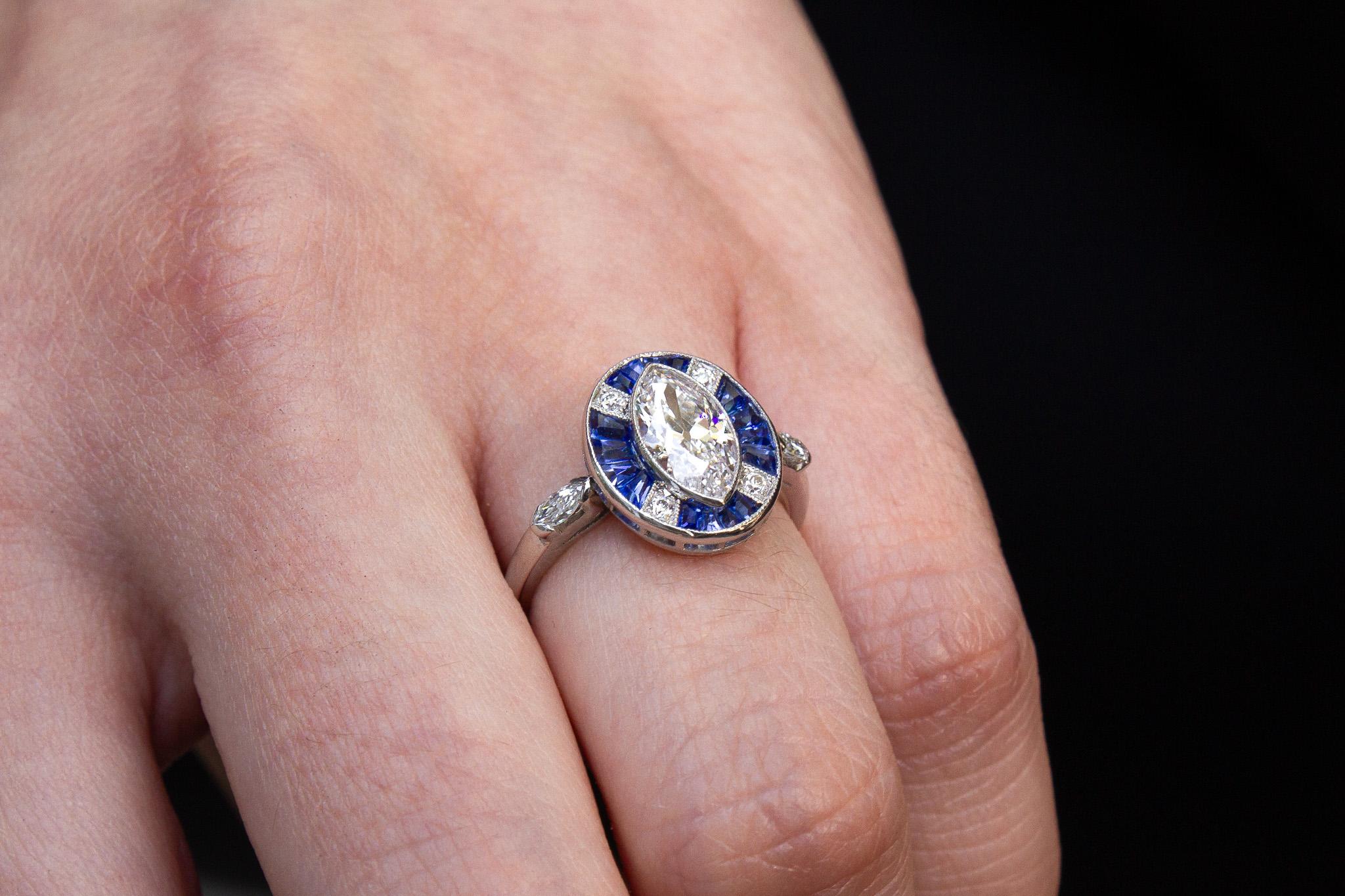 J. Birnbach Antique 1.20 E SI1 Marquise Diamond and Sapphire Art Deco Ring In Excellent Condition For Sale In New York, NY