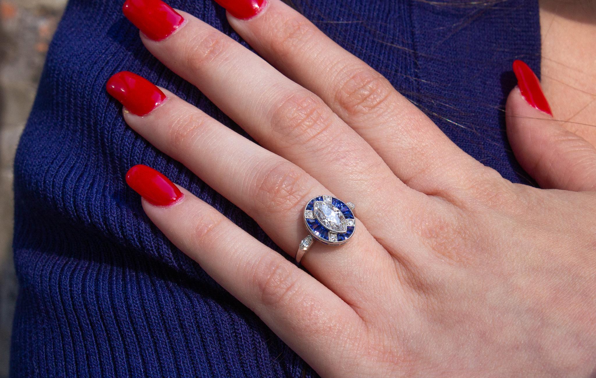 Women's or Men's J. Birnbach Antique 1.20 E SI1 Marquise Diamond and Sapphire Art Deco Ring For Sale