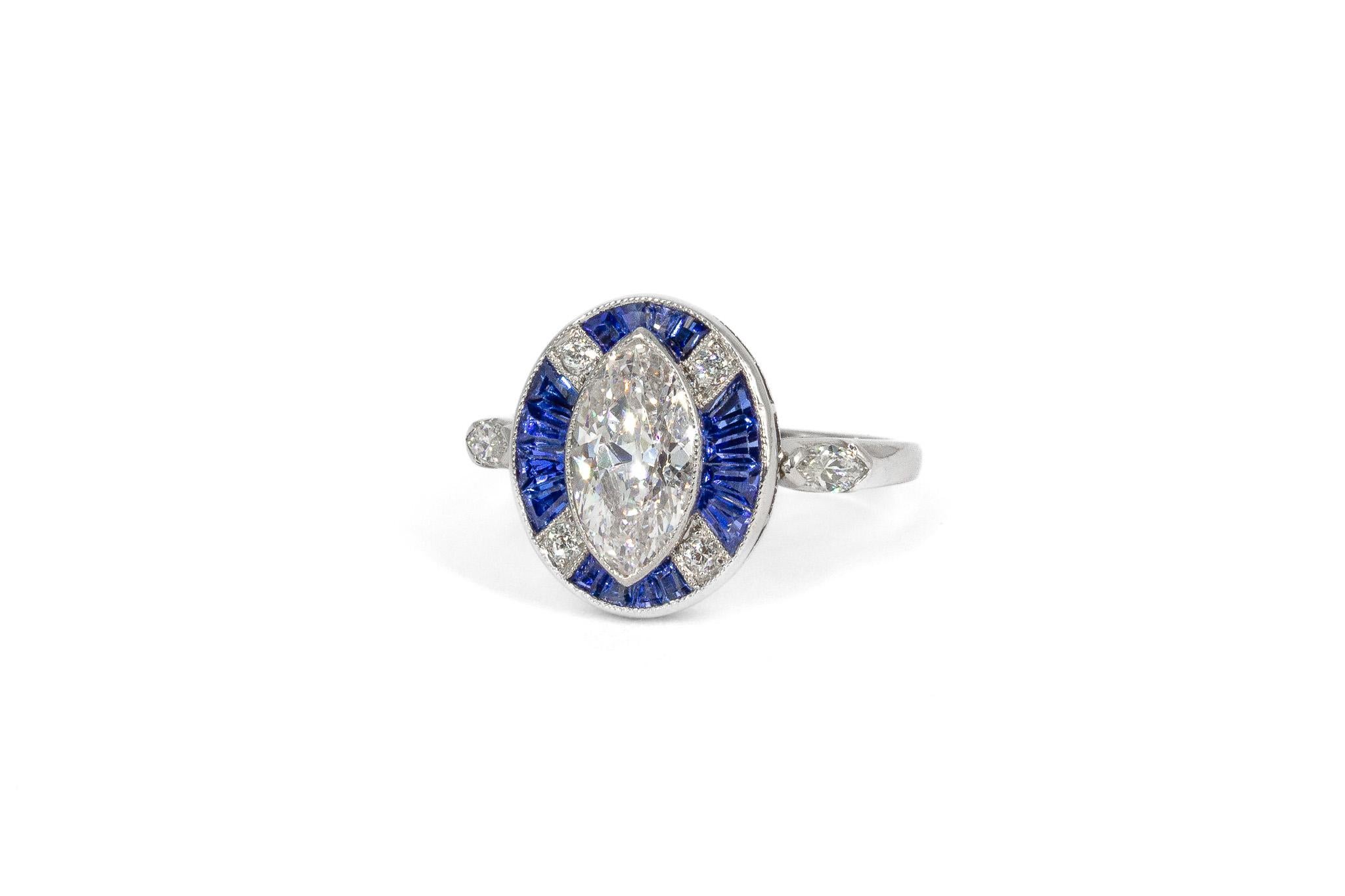 J. Birnbach Antique 1.20 E SI1 Marquise Diamond and Sapphire Art Deco Ring For Sale 1