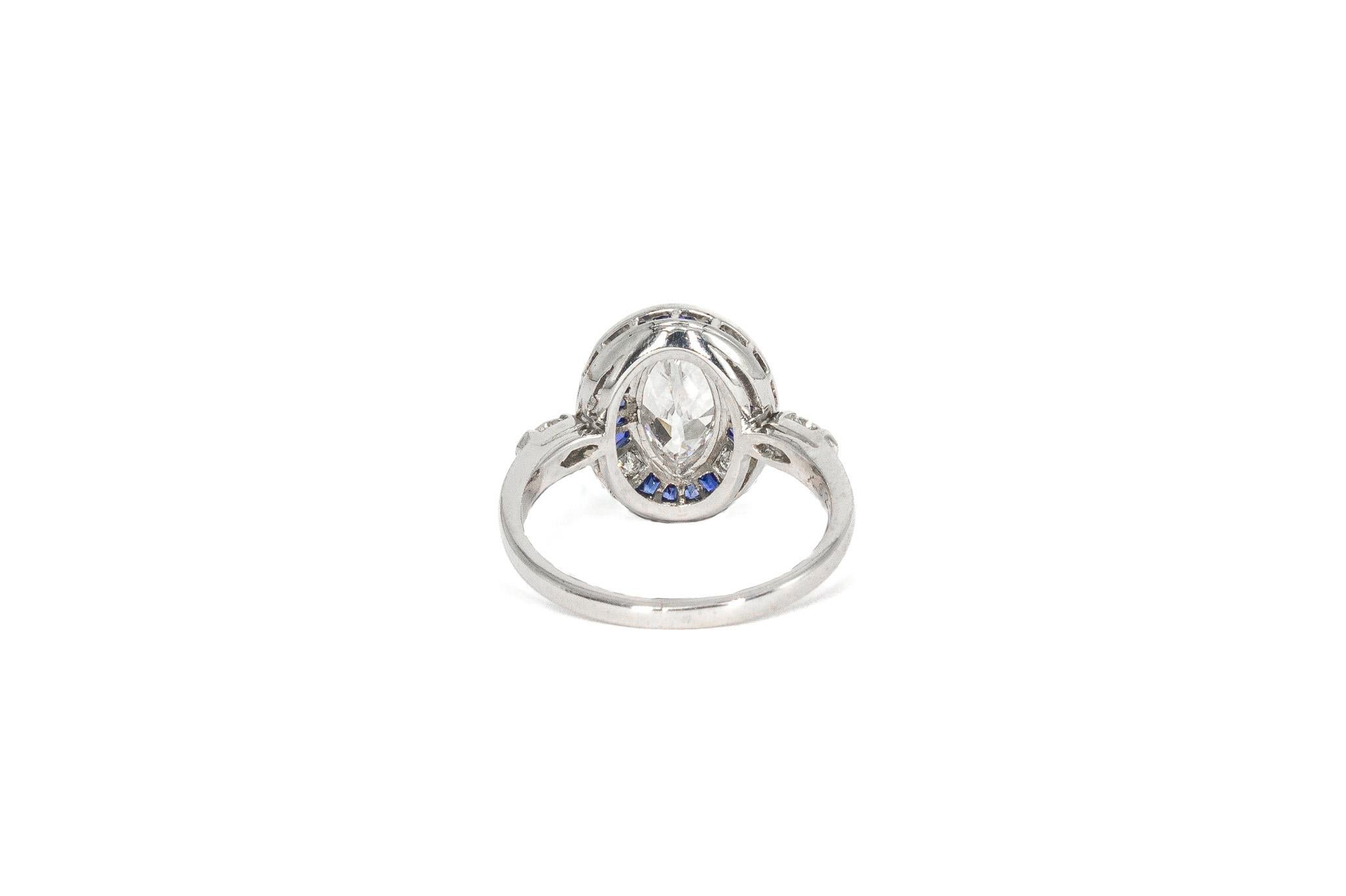 J. Birnbach Antique 1.20 E SI1 Marquise Diamond and Sapphire Art Deco Ring For Sale 2
