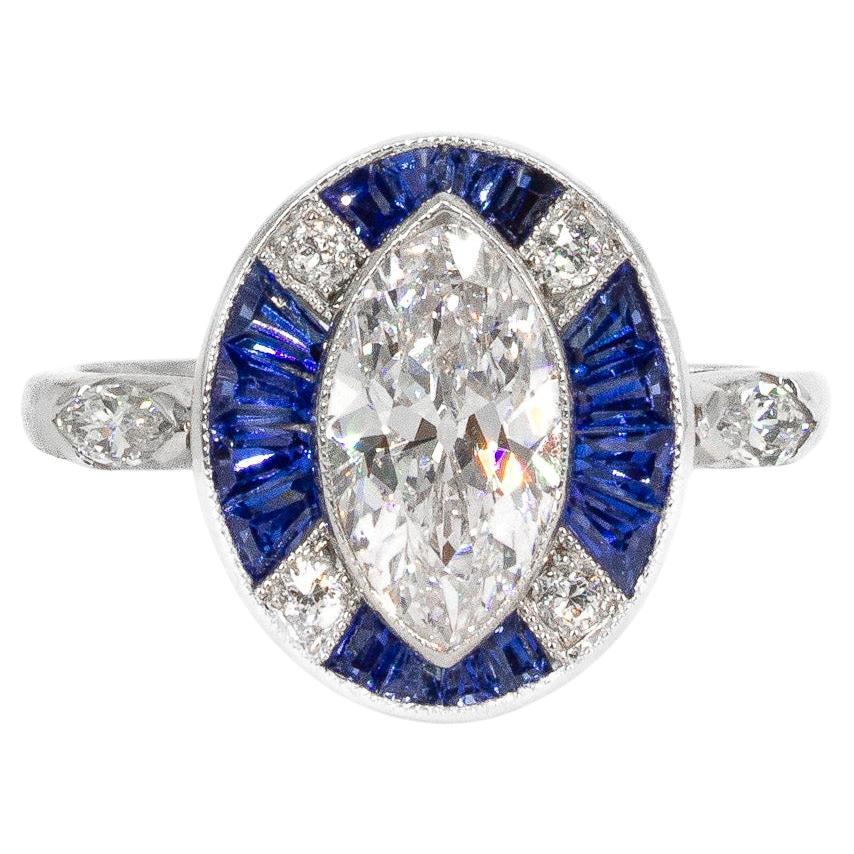 J. Birnbach Antique 1.20 E SI1 Marquise Diamond and Sapphire Art Deco Ring
