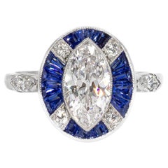 J. Birnbach Antique 1.20 E SI1 Marquise Diamond and Sapphire Art Deco Ring