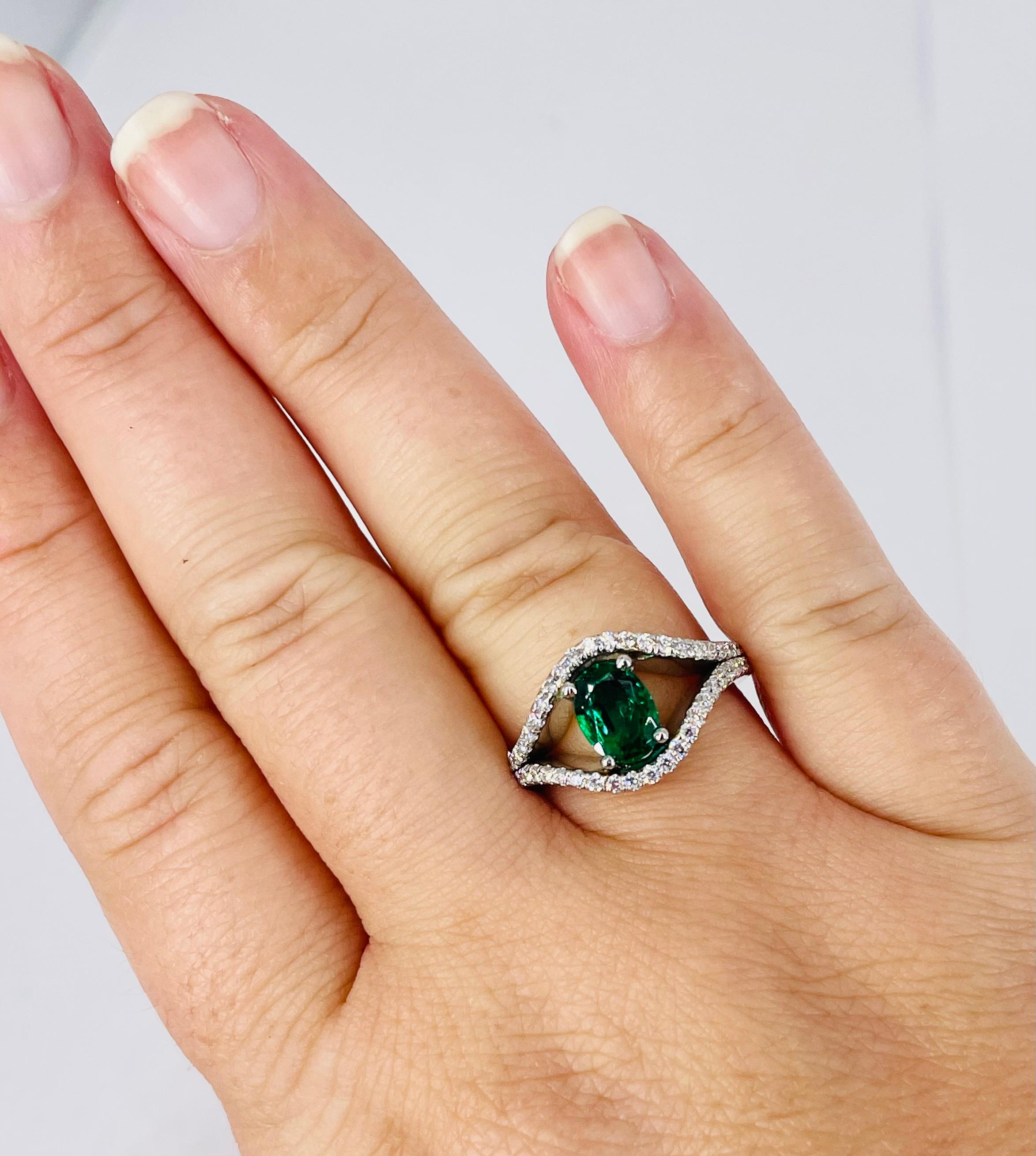 Oval Cut J. Birnbach Diamond and Emerald Ring in Platinum For Sale