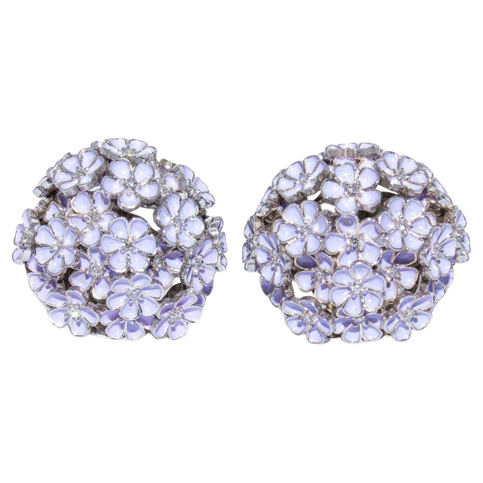 J. Birnbach Diamant- und lilafarbene Emaille-Ohrringe mit Blumenmuster im Angebot