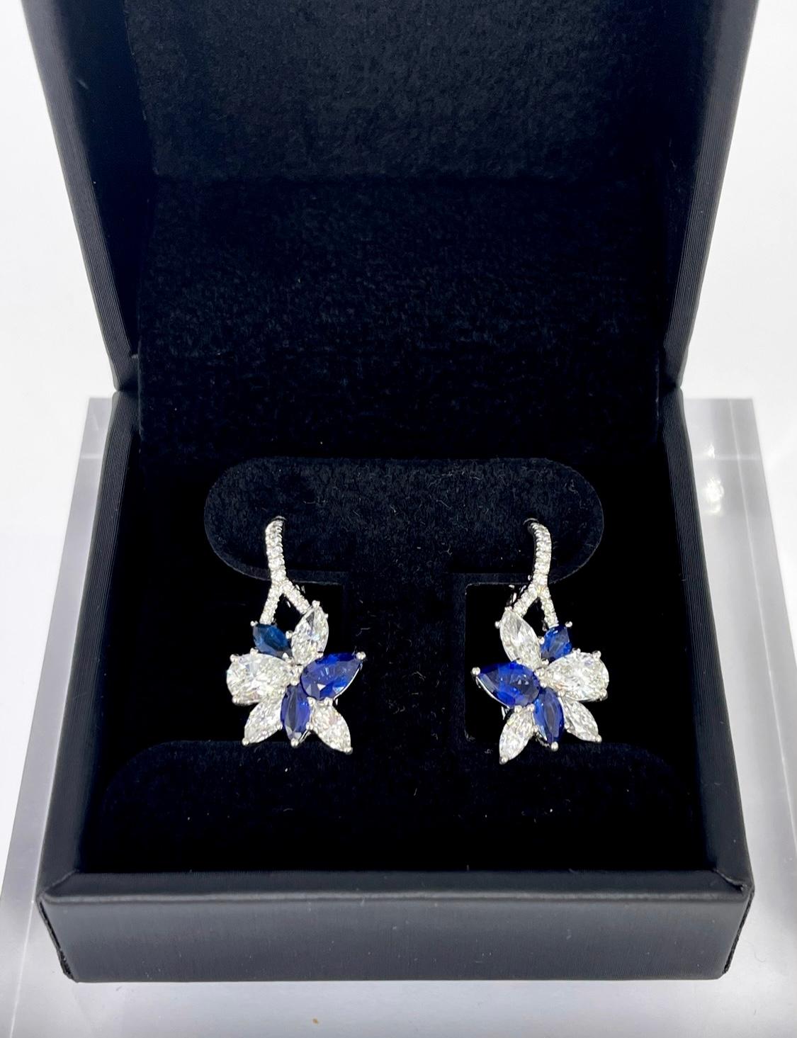 Pear Cut J. Birnbach Diamond and Sapphire Floral Motif Drop Earrings in 18K White Gold For Sale