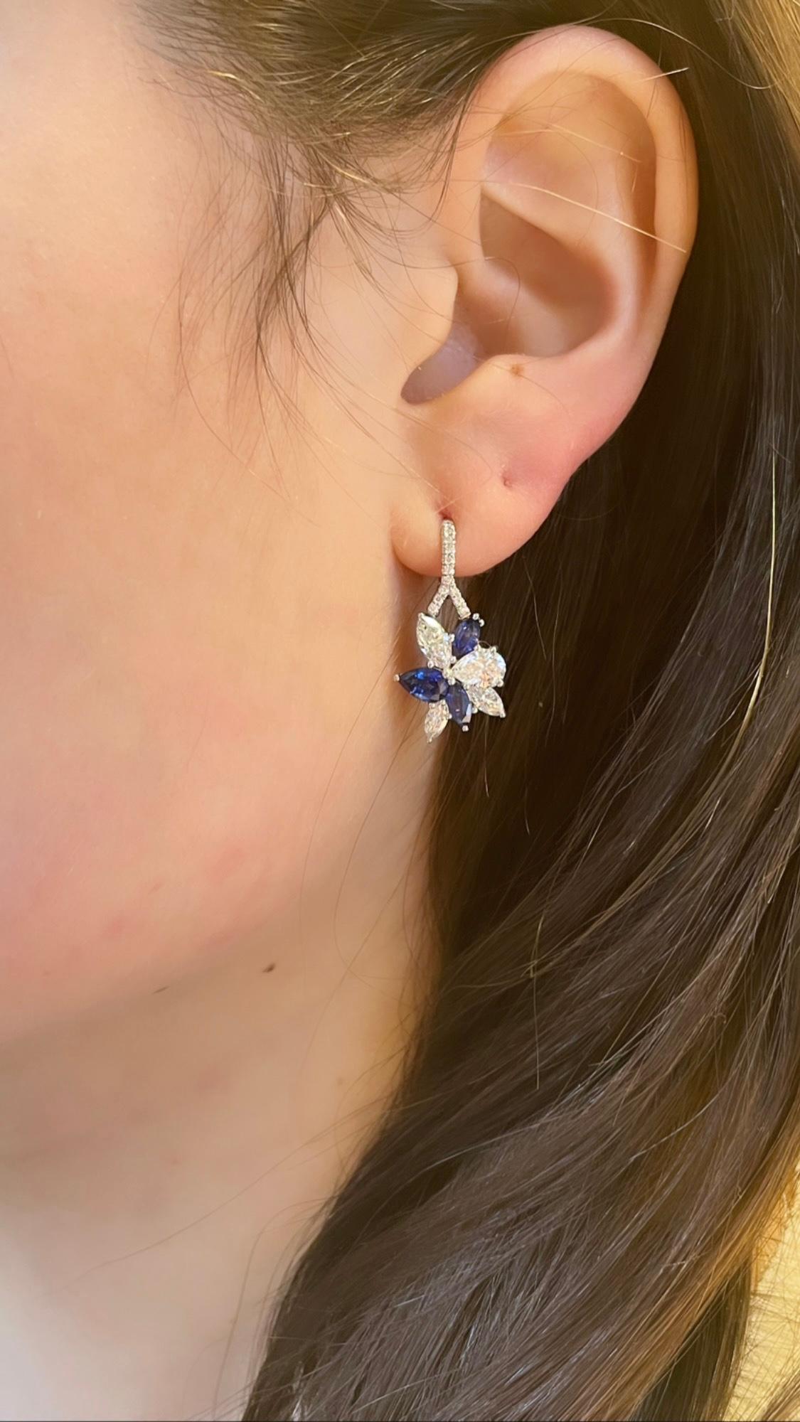 J. Birnbach Diamond and Sapphire Floral Motif Drop Earrings in 18K White Gold In New Condition For Sale In New York, NY