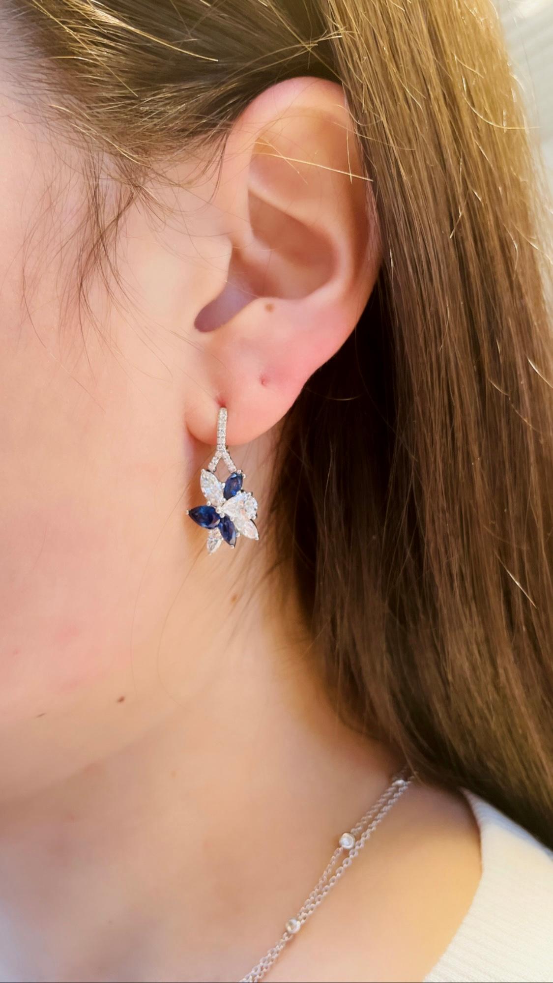 Women's J. Birnbach Diamond and Sapphire Floral Motif Drop Earrings in 18K White Gold For Sale