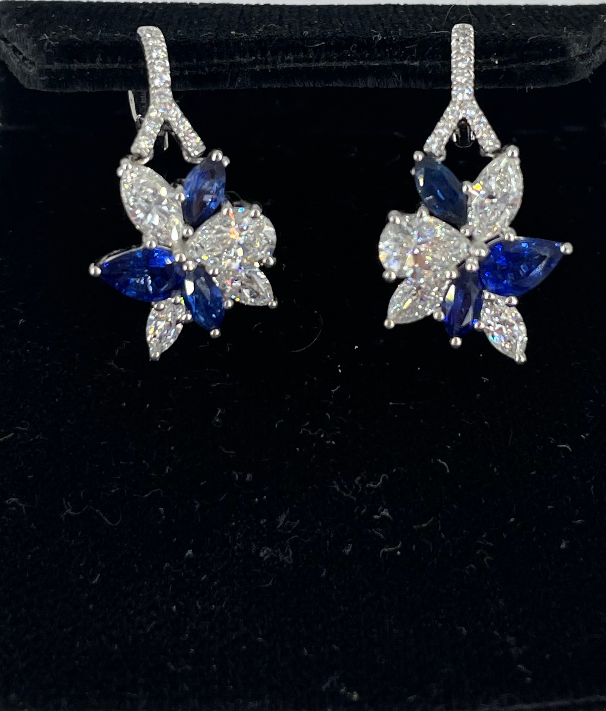 J. Birnbach Diamond and Sapphire Floral Motif Drop Earrings in 18K White Gold For Sale