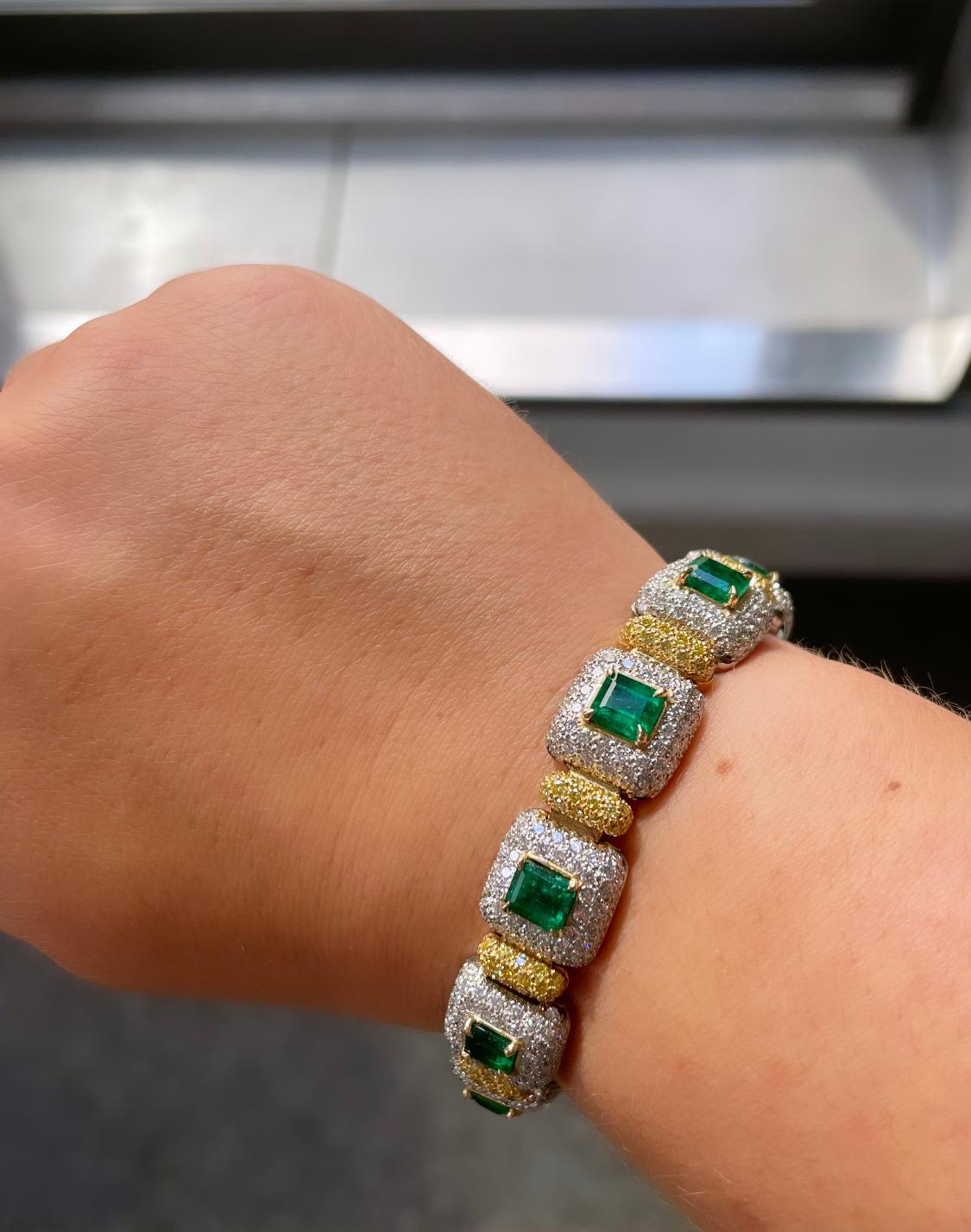 Art Deco J. Birnbach 9.63 ct Emerald Bracelet with White and Fancy Yellow Pave Diamonds  For Sale