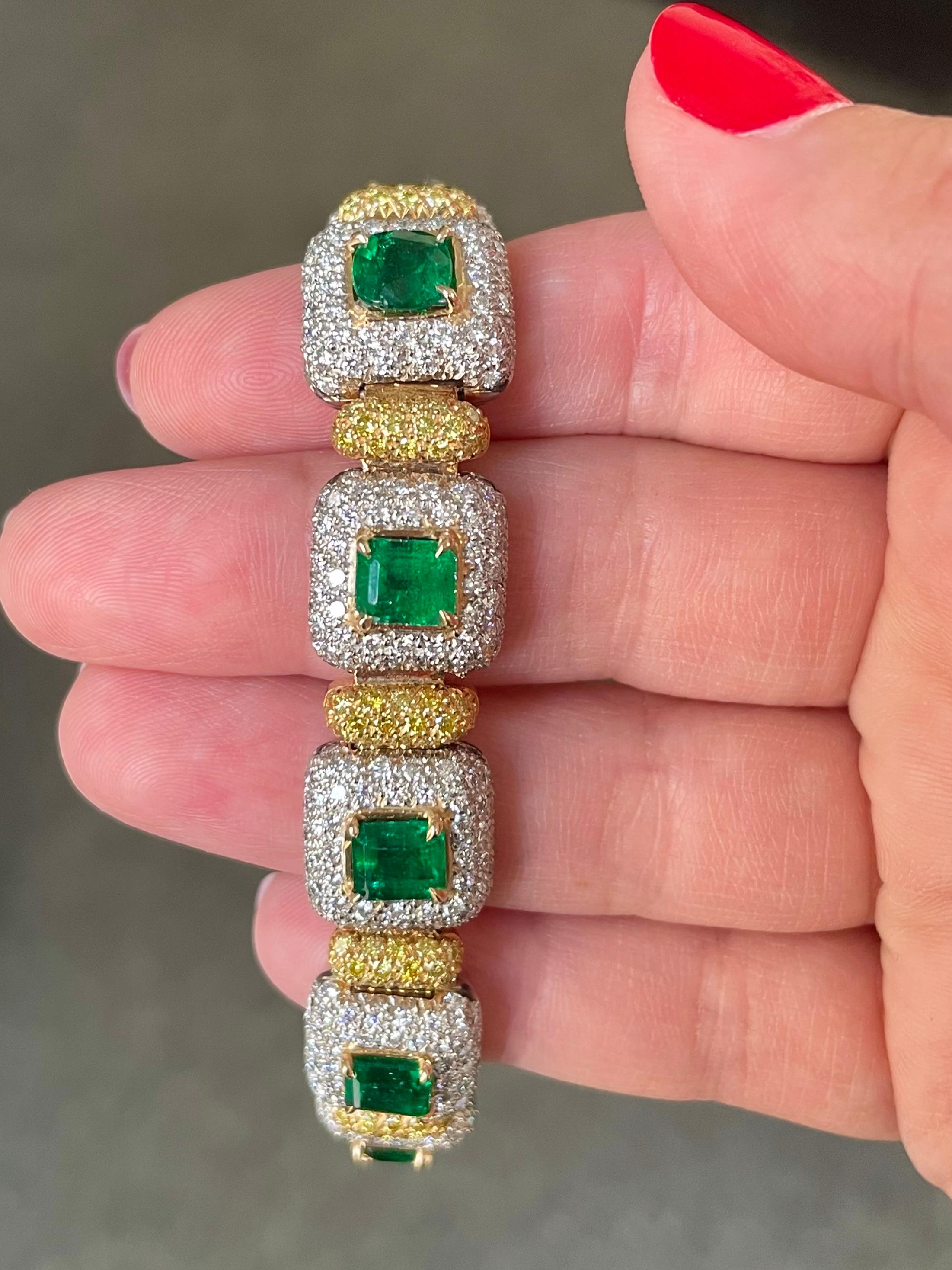 Emerald Cut J. Birnbach 9.63 ct Emerald Bracelet with White and Fancy Yellow Pave Diamonds  For Sale