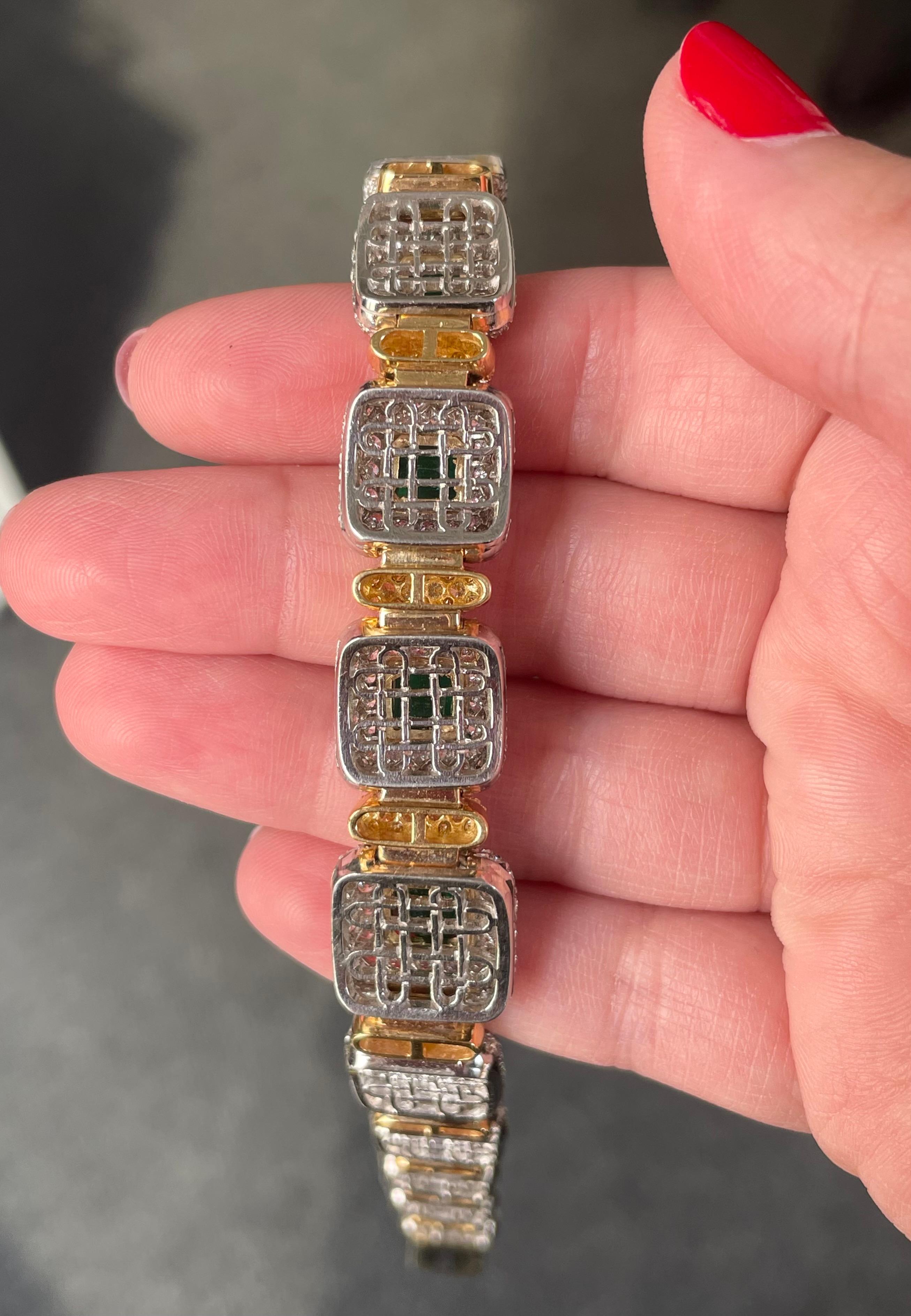 J. Birnbach 9.63 ct Emerald Bracelet with White and Fancy Yellow Pave Diamonds  In New Condition For Sale In New York, NY