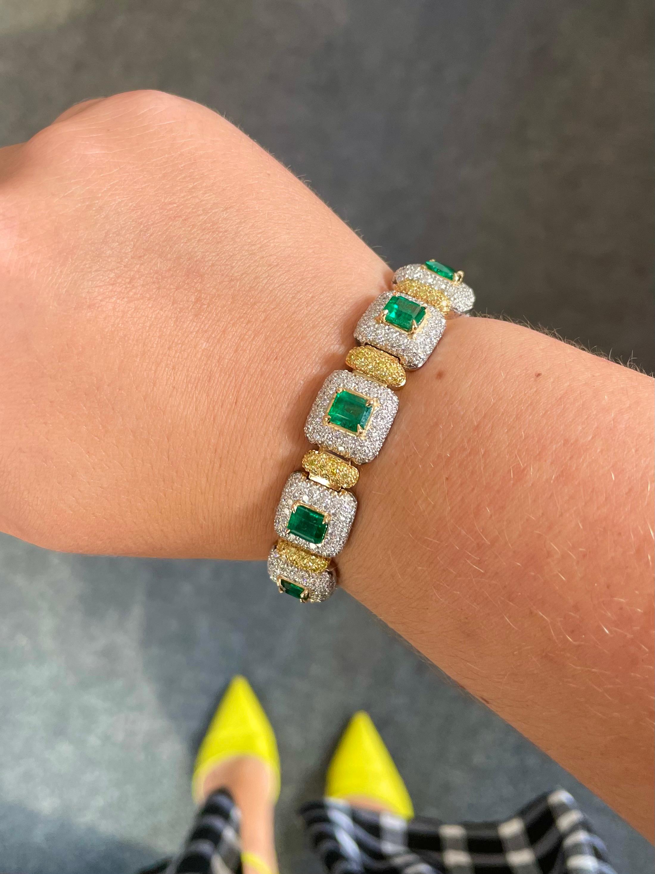 Women's J. Birnbach 9.63 ct Emerald Bracelet with White and Fancy Yellow Pave Diamonds  For Sale
