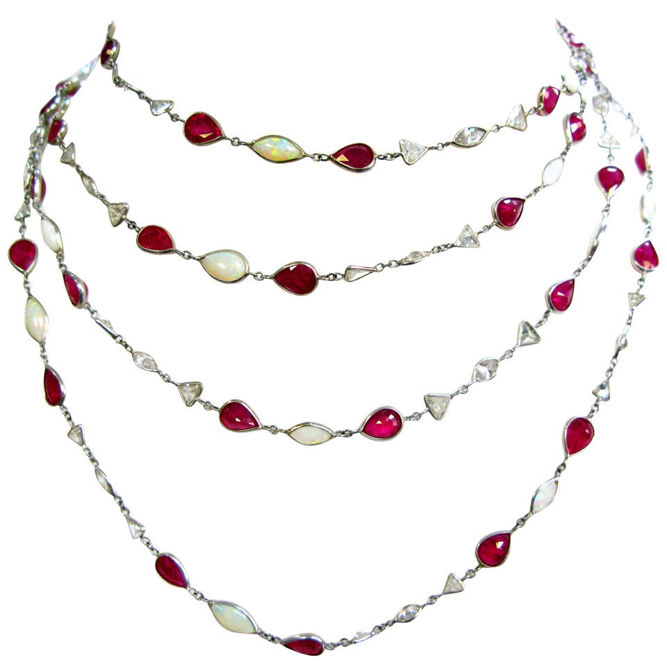 Art Deco Diamond, Ruby, and Opal by the Yard Platinum Necklace