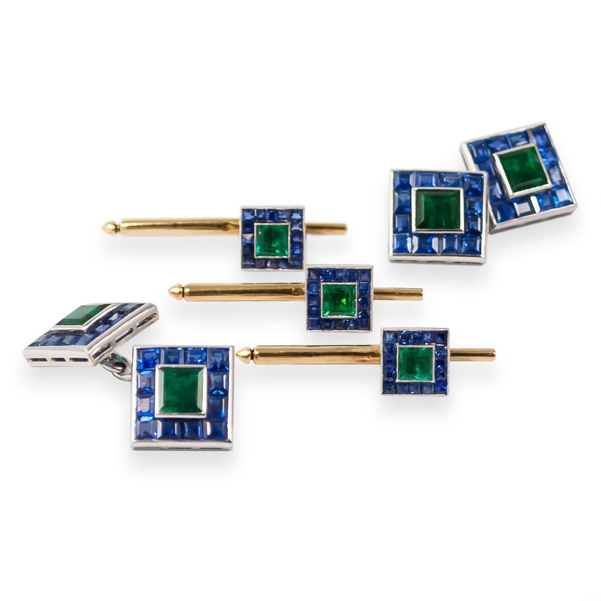 Art Deco Vintage Emerald and Sapphire Cufflink and Stud Set