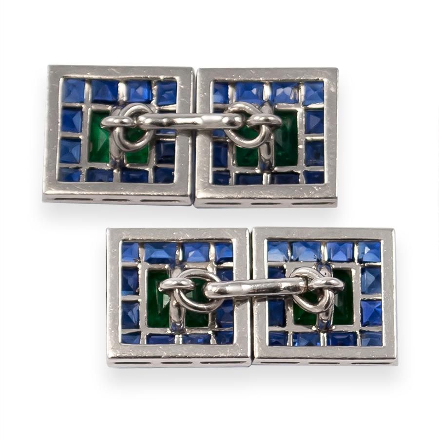 Square Cut Vintage Emerald and Sapphire Cufflink and Stud Set