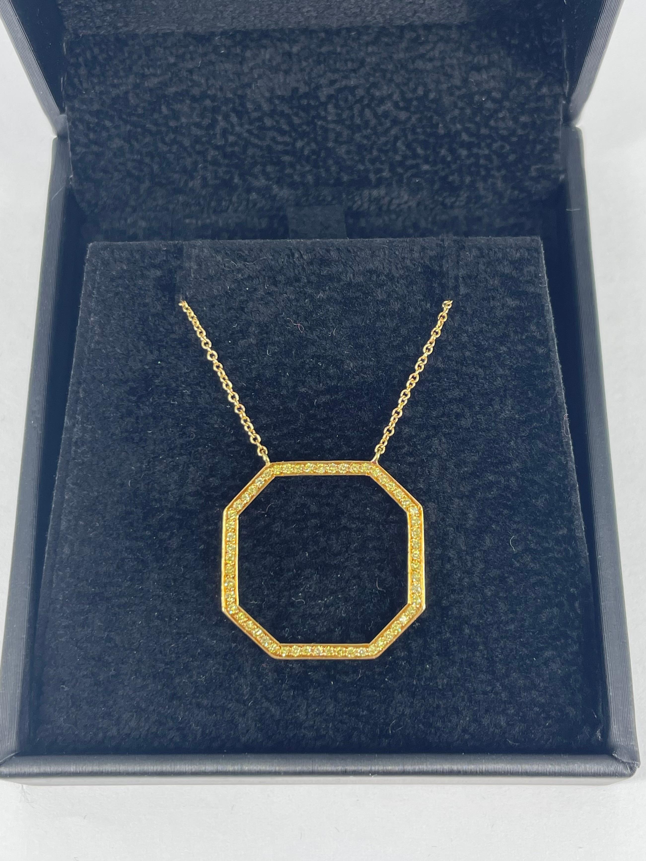 Round Cut J. Birnbach Fancy Intense Yellow Diamond Open Octagon Pendant in 18K Yellow Gold For Sale