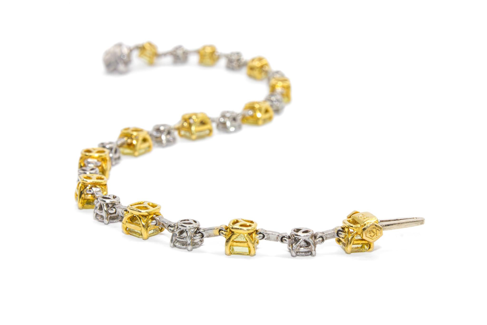J. Birnbach Fancy Yellow Asscher Cut and White Round Brilliant Diamond Bracelet For Sale 6