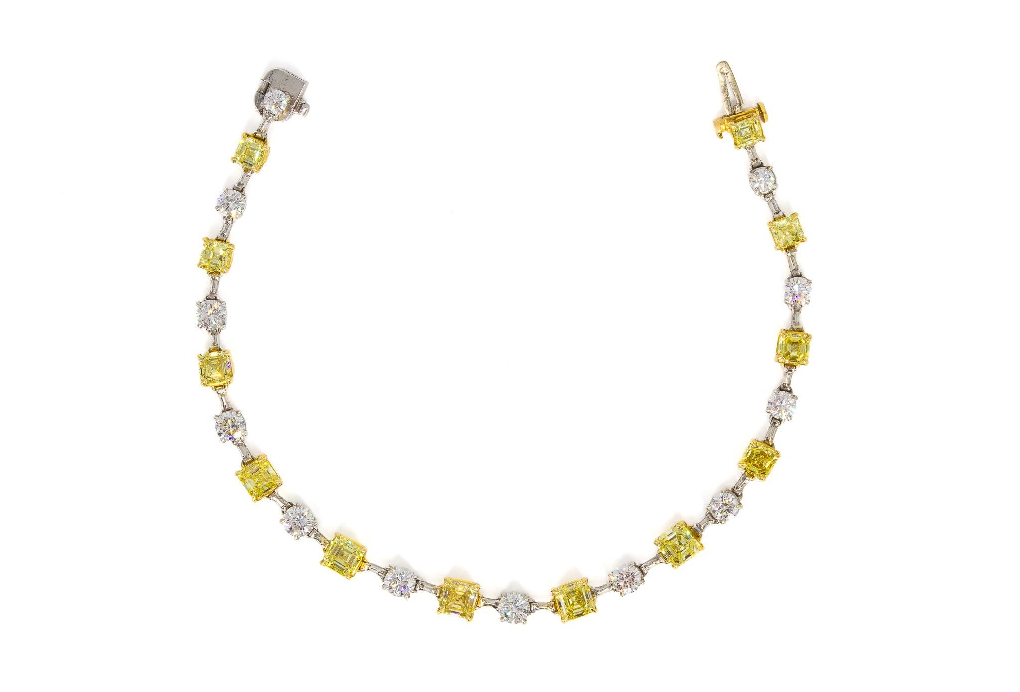 J. Birnbach Fancy Yellow Asscher Cut and White Round Brilliant Diamond Bracelet For Sale 2