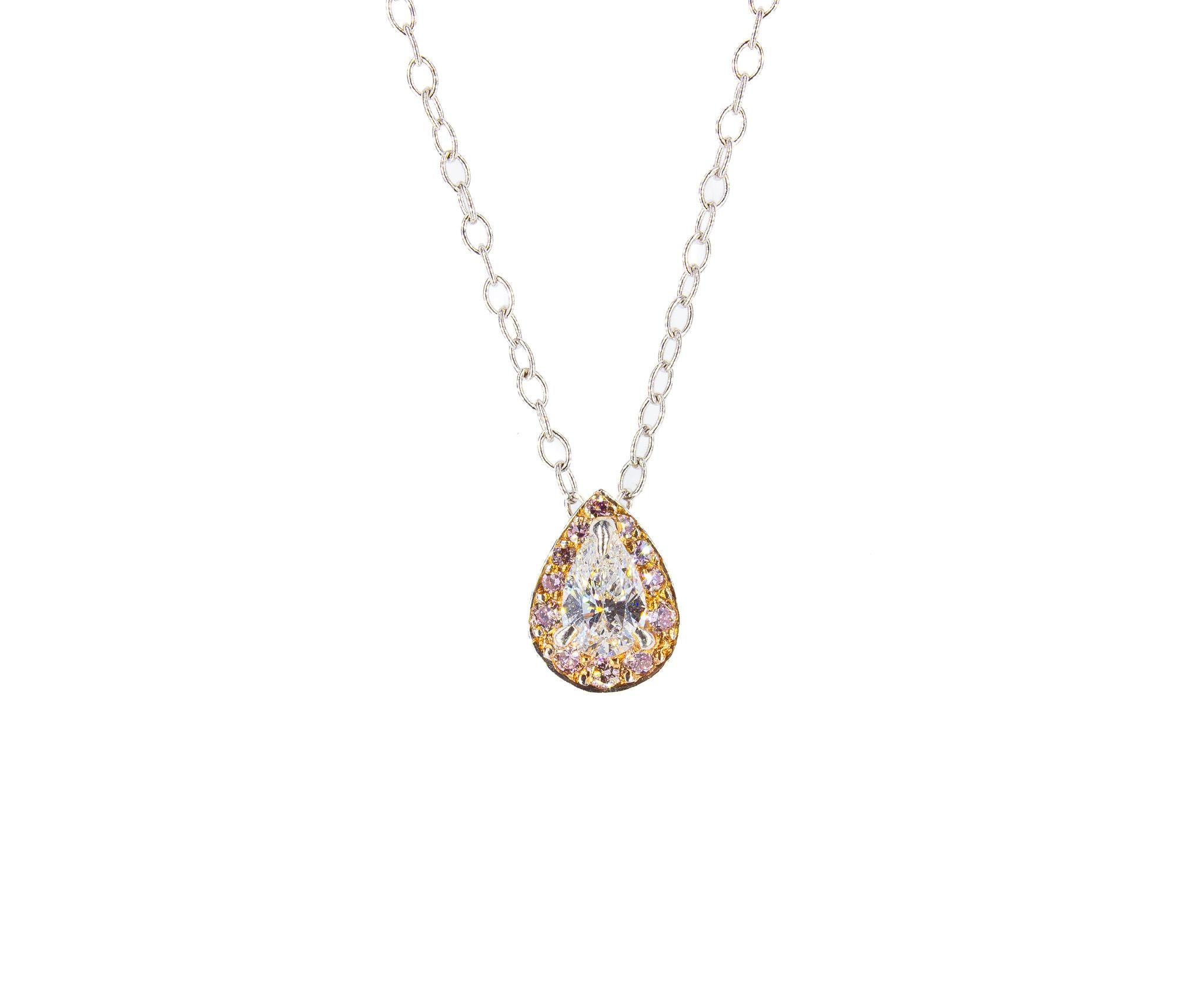 Pear Cut J. Birnbach GIA 0.25 Carat Pear Shaped White and Pink Diamond Pendant Necklace For Sale