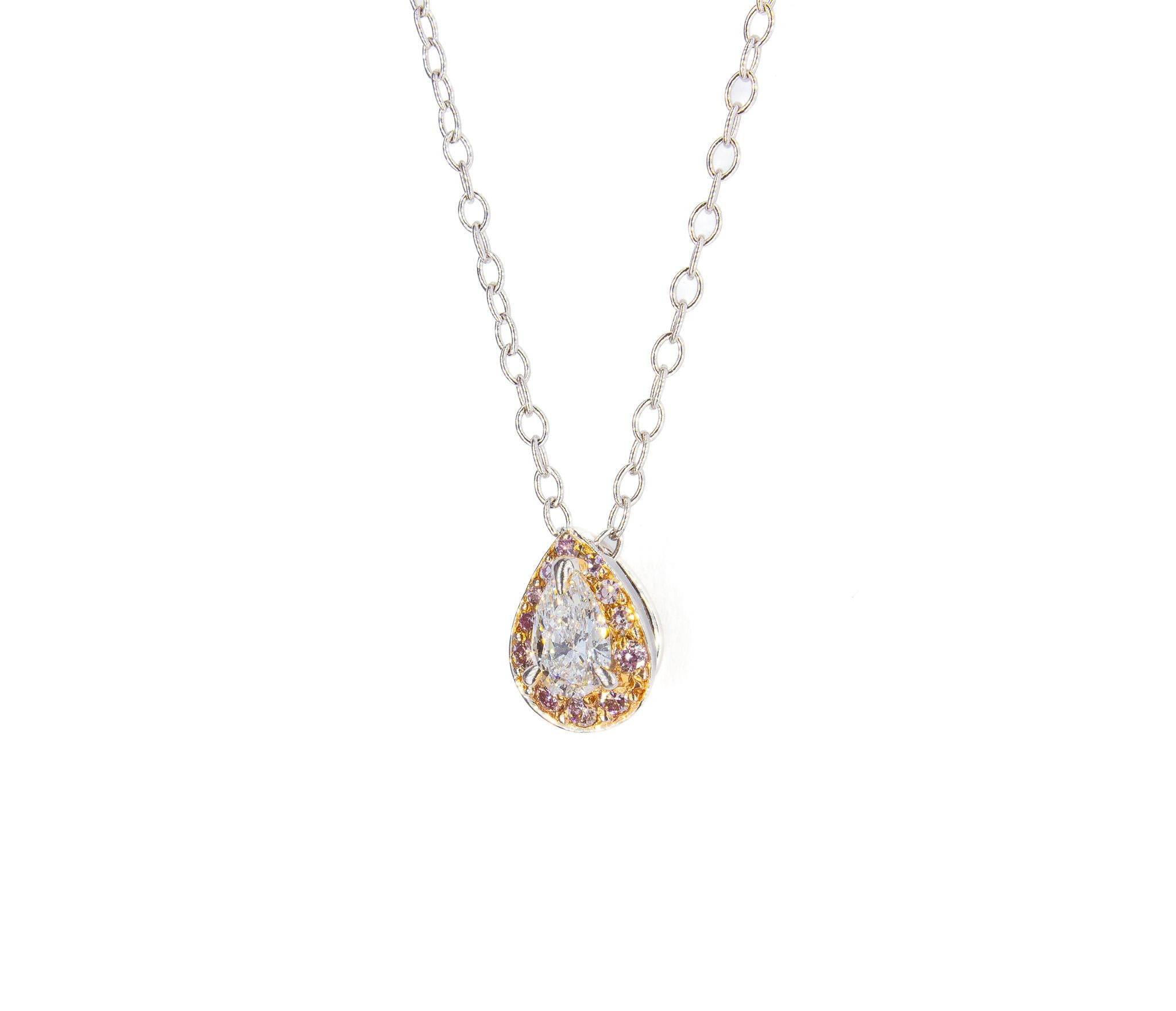 J. Birnbach GIA 0.25 Carat Pear Shaped White and Pink Diamond Pendant Necklace In New Condition For Sale In New York, NY