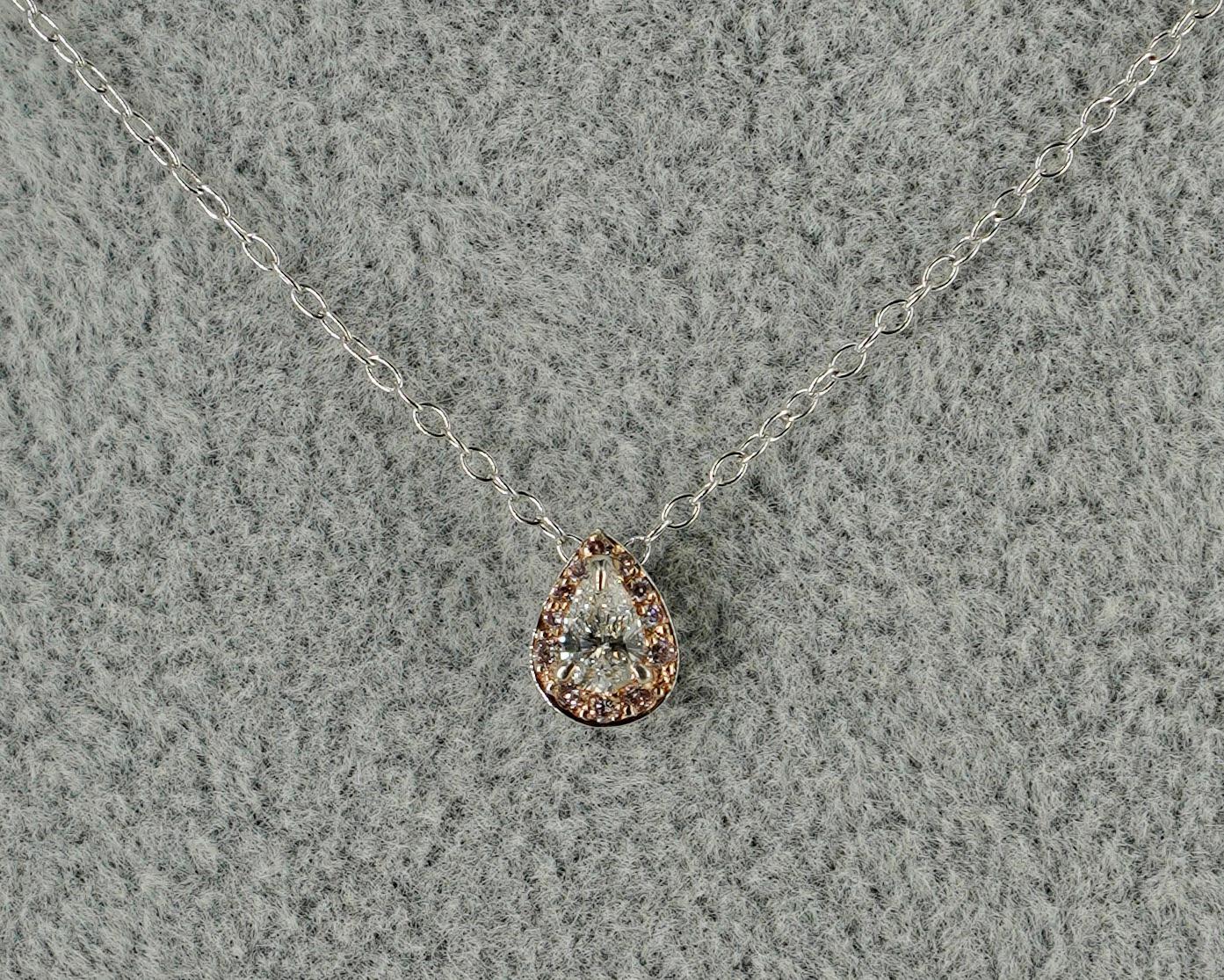 Women's J. Birnbach GIA 0.25 Carat Pear Shaped White and Pink Diamond Pendant Necklace For Sale