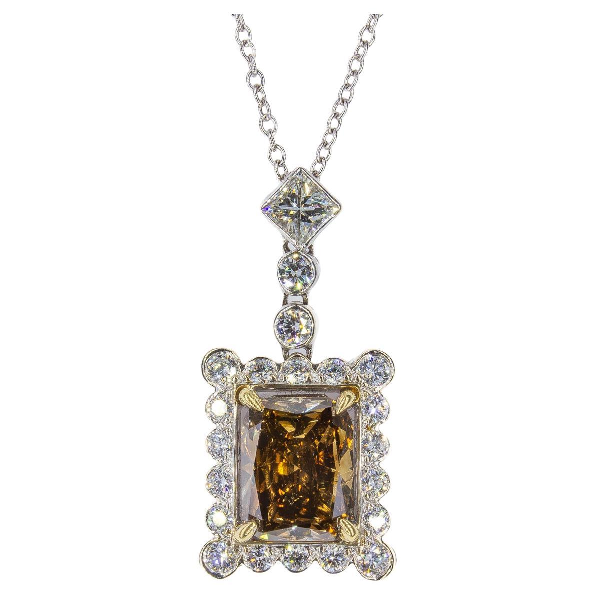 J. Birnbach GIA 1.52 Carat Fancy Brown Radiant Diamond Two-Tone Pendant Necklace