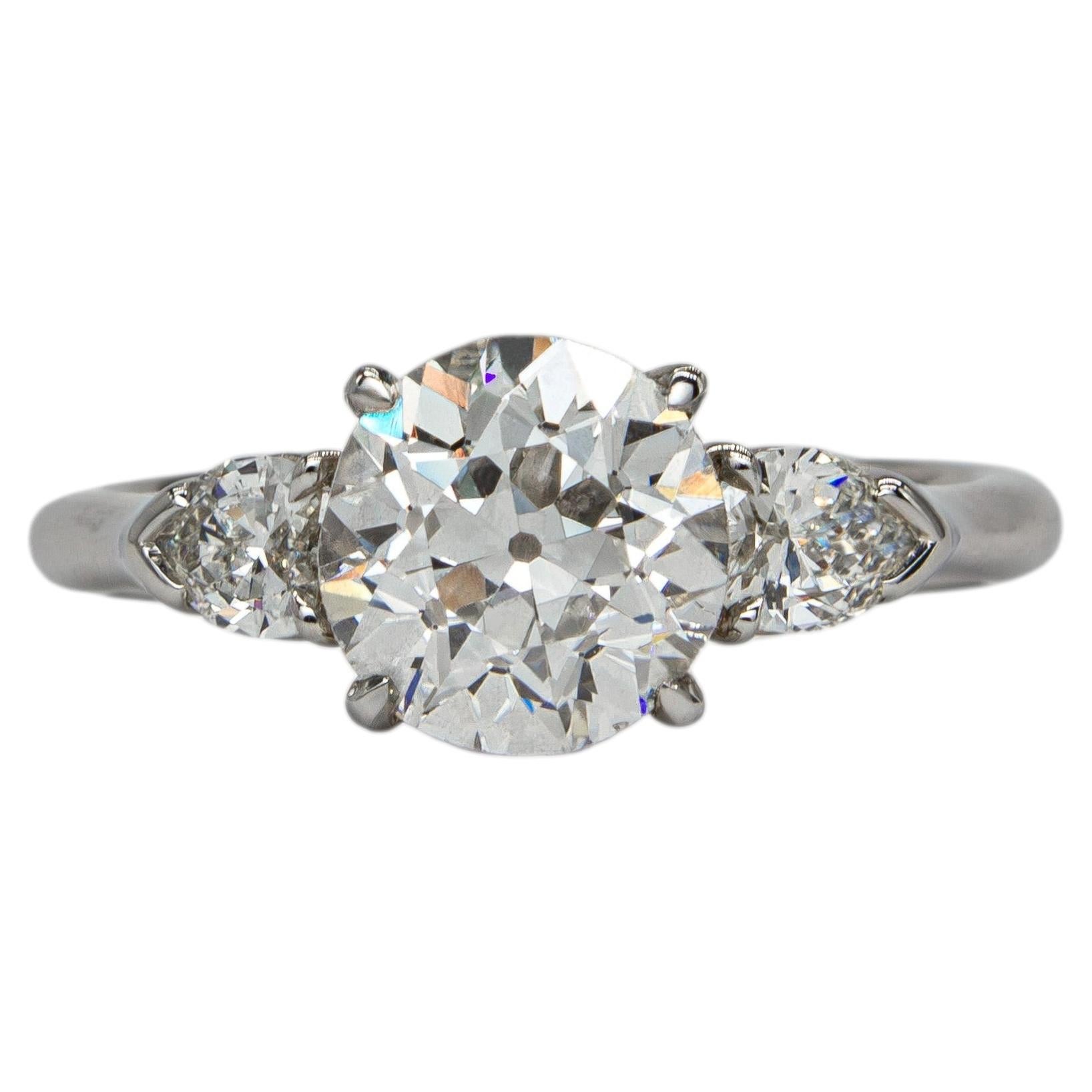 J. Birnbach GIA 1.53 Carat G VS2 Old European Cut Diamond Three Stone Ring For Sale