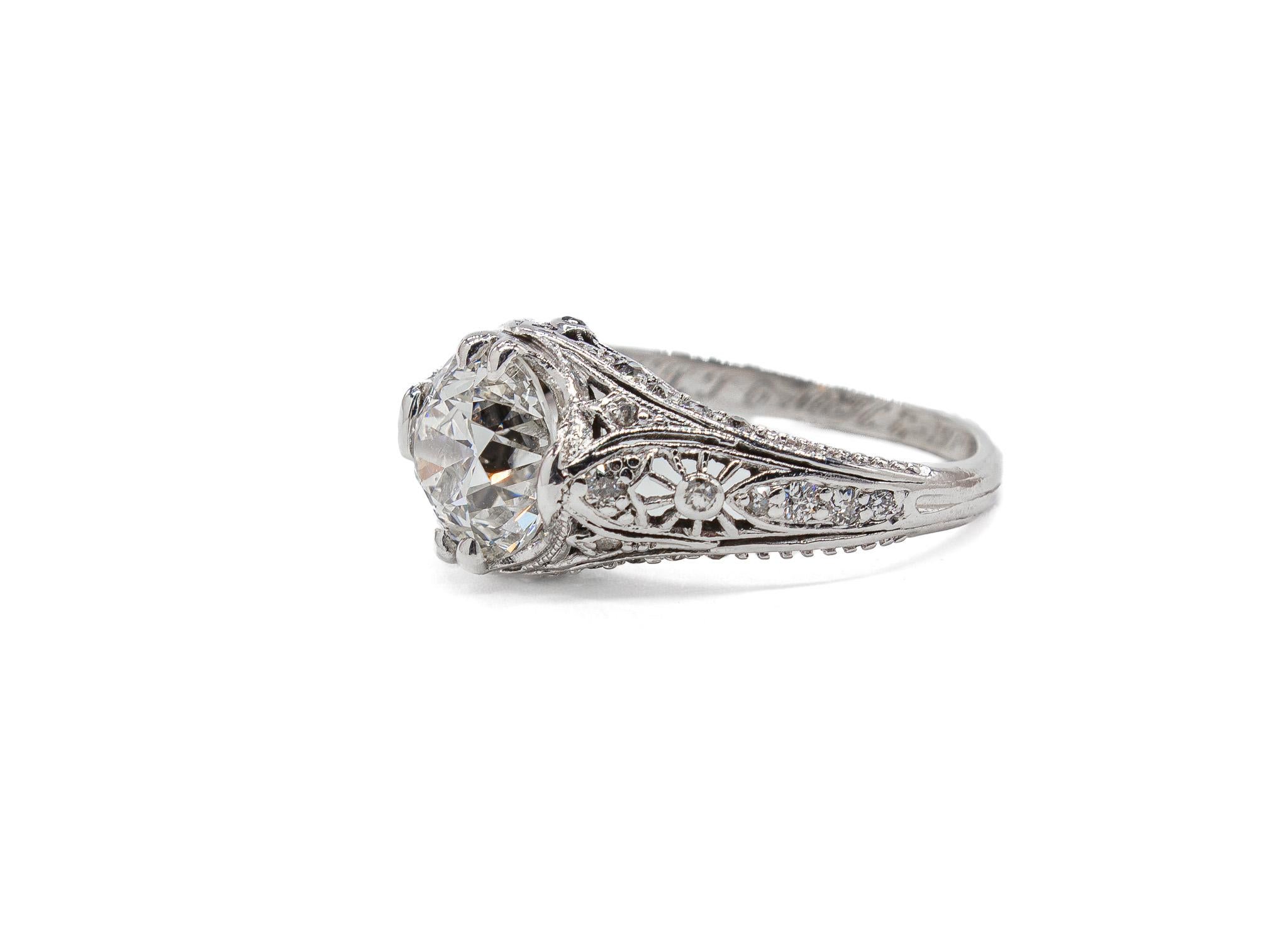 Art Deco J. Birnbach GIA 1.58 Carat G VS1 Old European Cut Diamond Deco Style Ring For Sale
