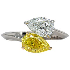 J. Birnbach GIA 1.73 Carat Total Fancy Yellow Pear Shape Diamond Toi et Moi Ring