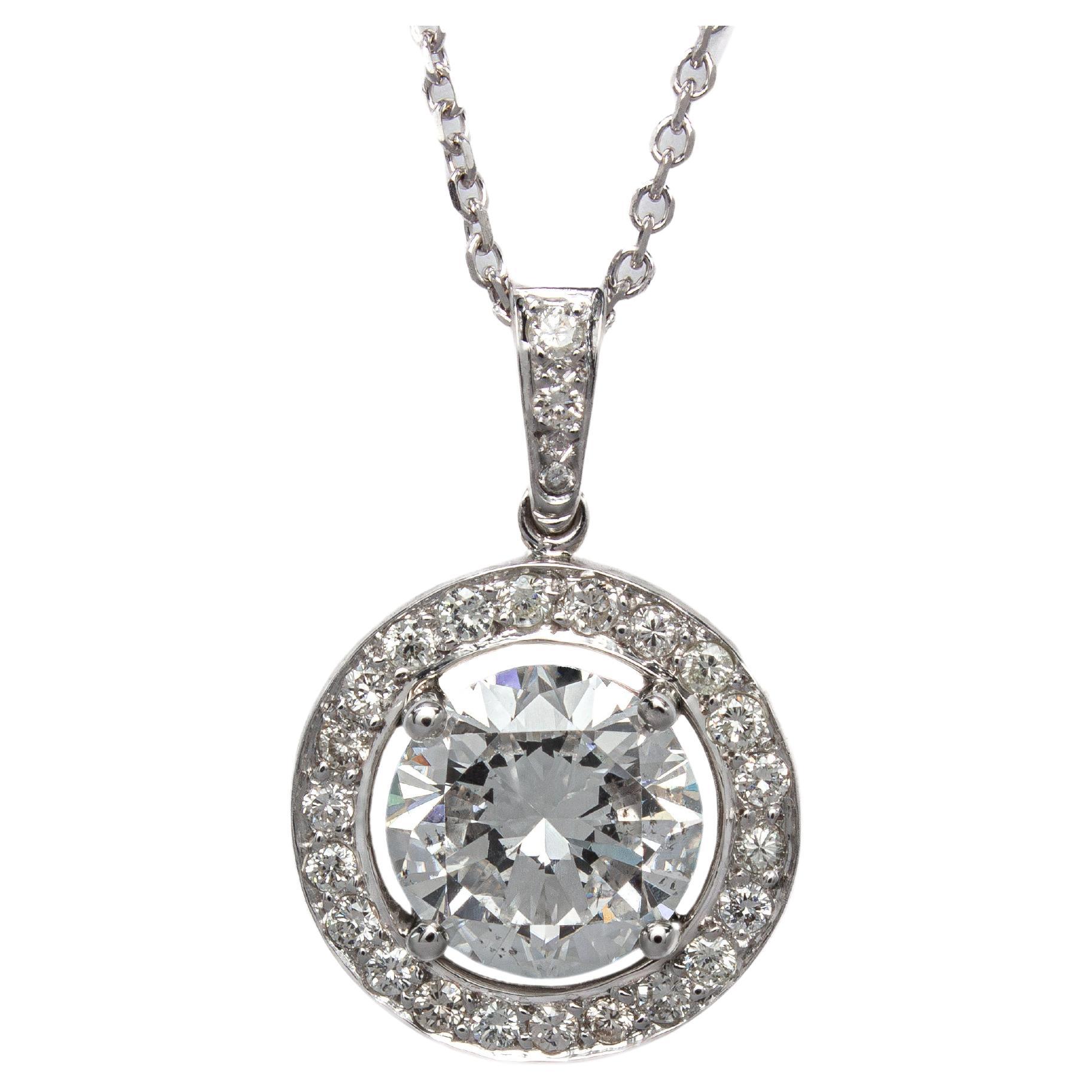 J. Birnbach GIA 1.77 Carat E SI2 Round Brilliant Diamond Halo Pendant Necklace For Sale