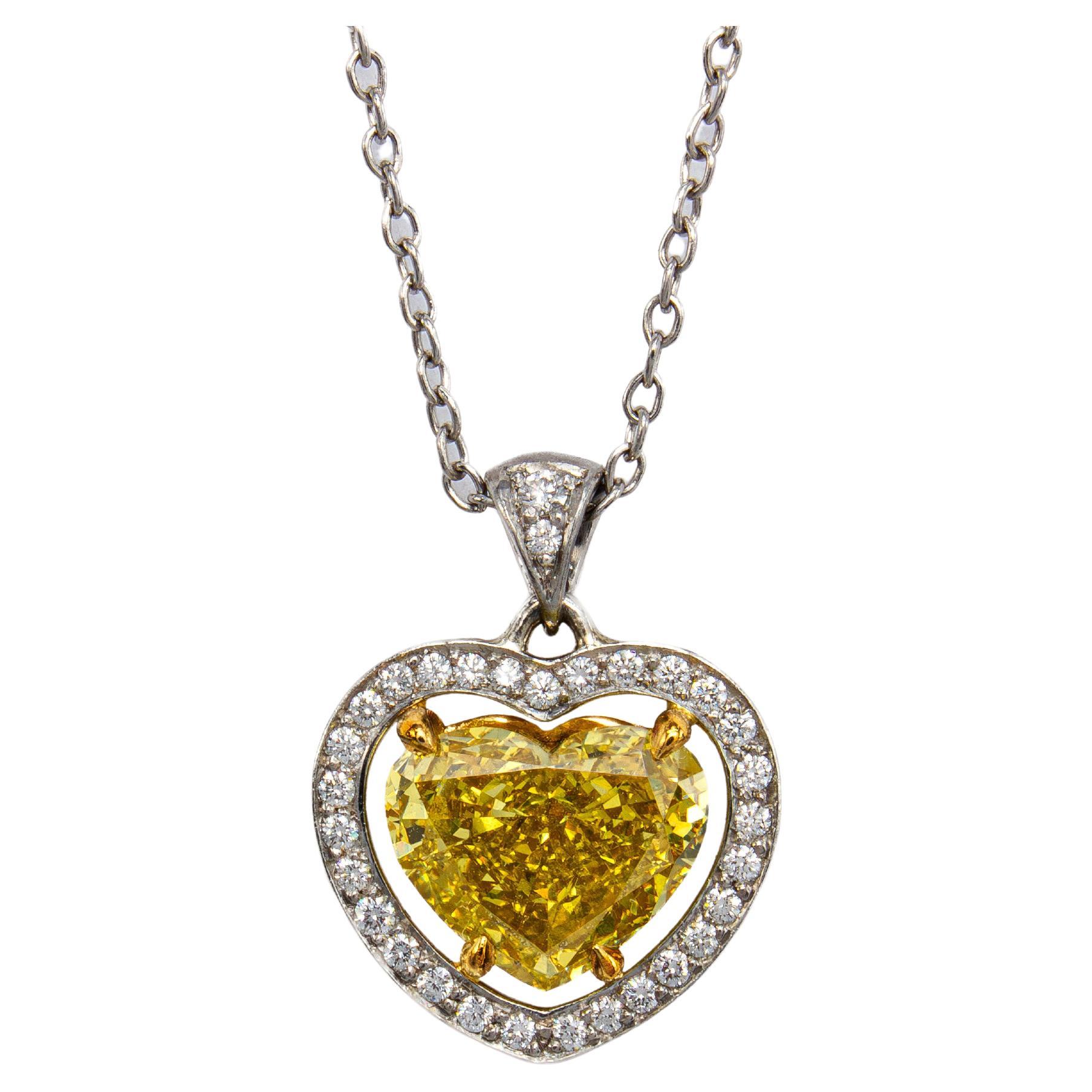J. Birnbach GIA 1.82 Carat Fancy Yellow Heart Shape Diamond Halo Pendant For Sale