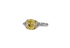 J. Birnbach GIA 1.93 Carat Fancy Yellow SI1 Cushion Cut Diamond Three Stone Ring