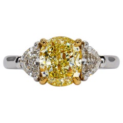 J. Birnbach GIA 1.93 Carat Fancy Yellow SI1 Cushion Cut Diamond Three Stone Ring