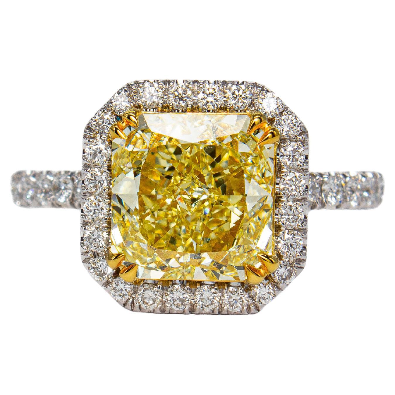 J. Birnbach GIA 2.43 Carat Fancy Intense Yellow Radiant Diamond Halo Solitaire