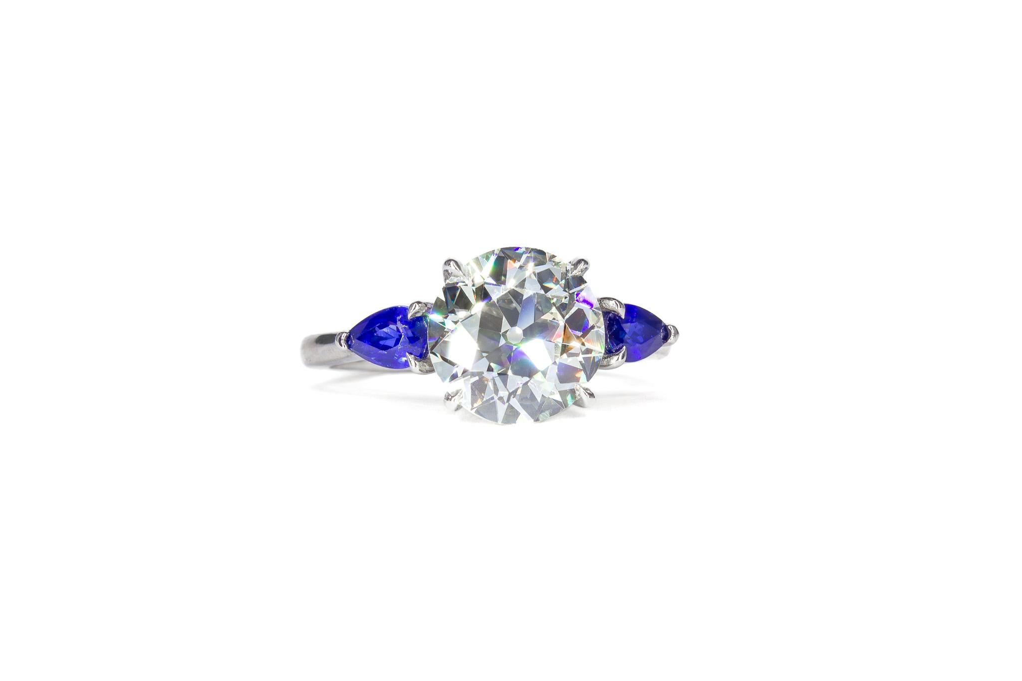 Contemporary J. Birnbach GIA 2.51 Old European Diamond and Sapphire Three-Stone Ring