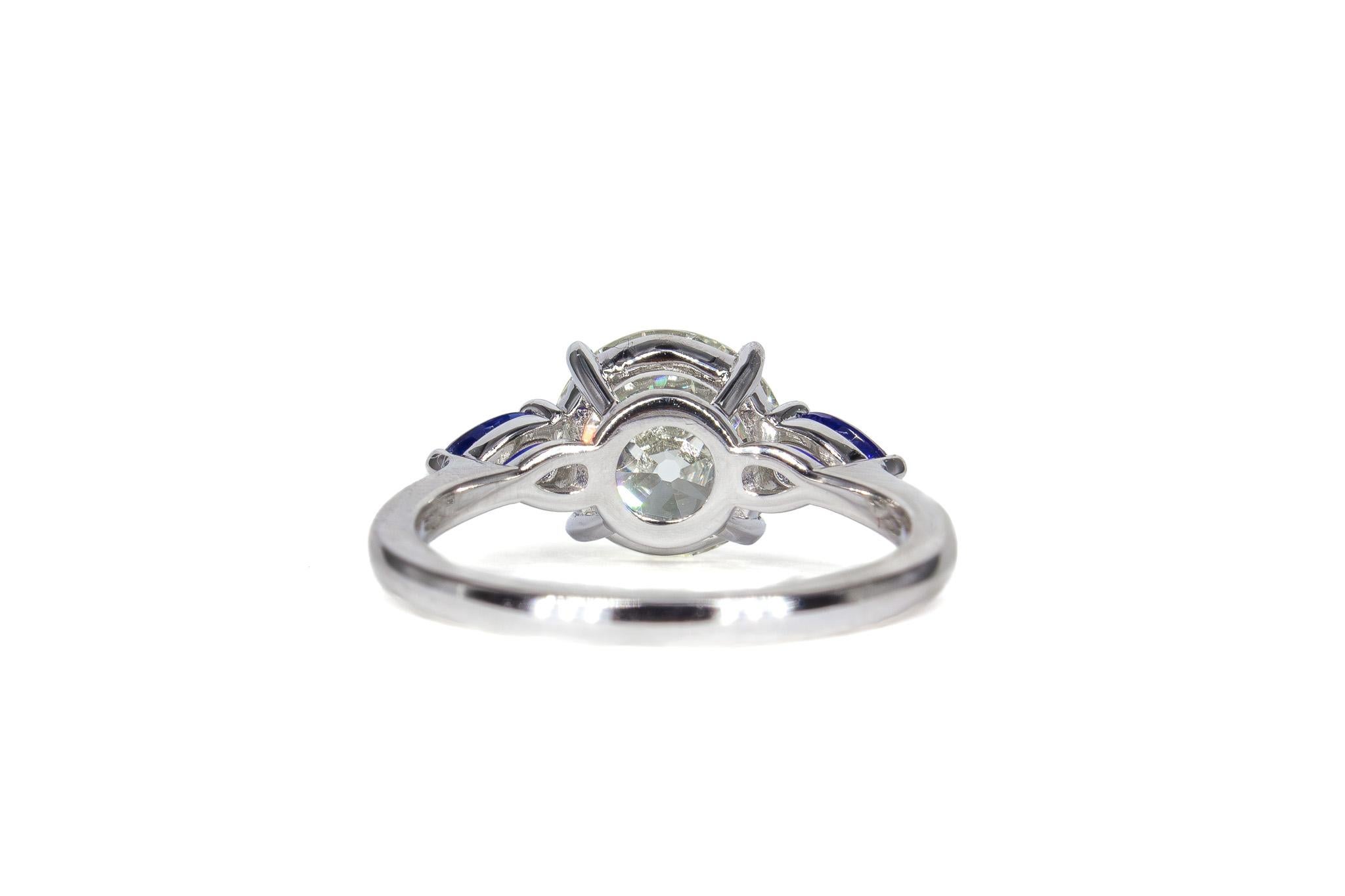 Old European Cut J. Birnbach GIA 2.51 Old European Diamond and Sapphire Three-Stone Ring