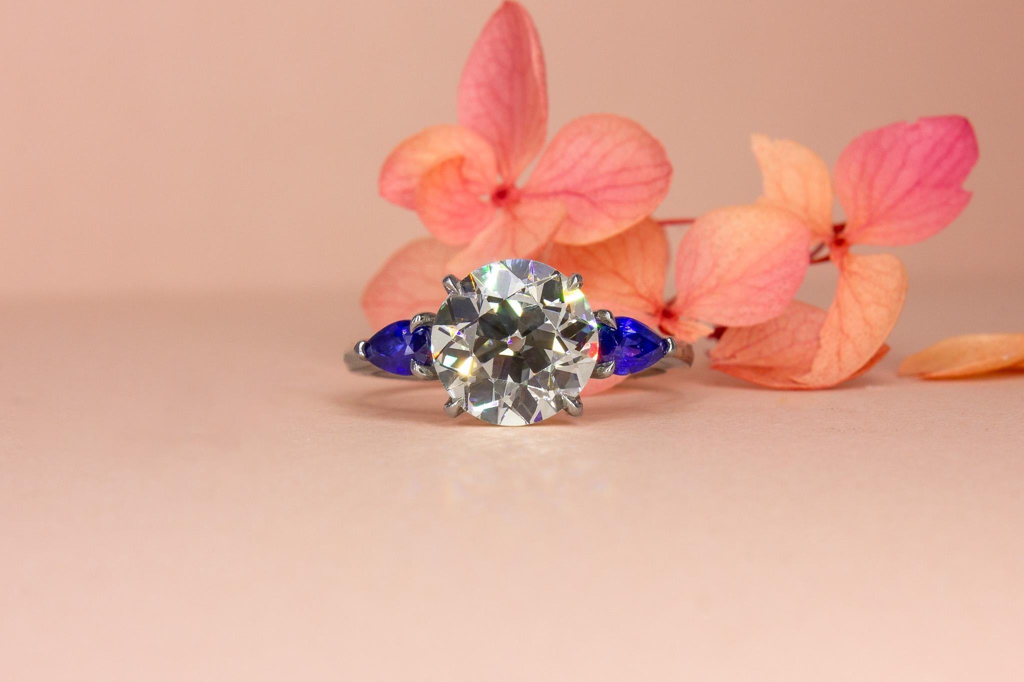 J. Birnbach GIA 2.51 Old European Diamond and Sapphire Three-Stone Ring In New Condition In New York, NY