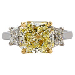 J. Birnbach GIA 3.01 Carat Fancy Light Yellow Radiant Diamond Three Stone Ring
