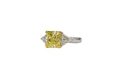 J. Birnbach GIA 3.02 Carat Fancy Light Yellow Radiant Diamond Three Stone Ring