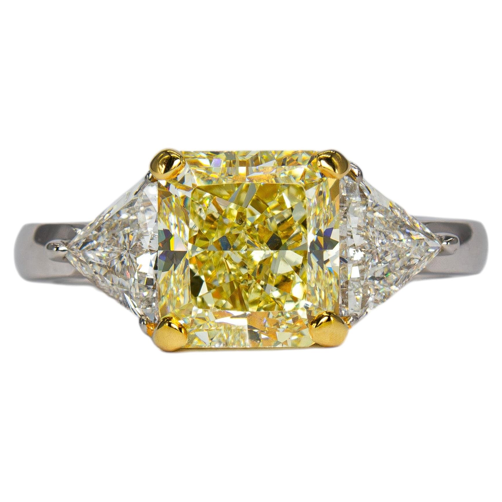 J. Birnbach GIA 3.02 Carat Fancy Light Yellow Radiant Diamond Three Stone Ring