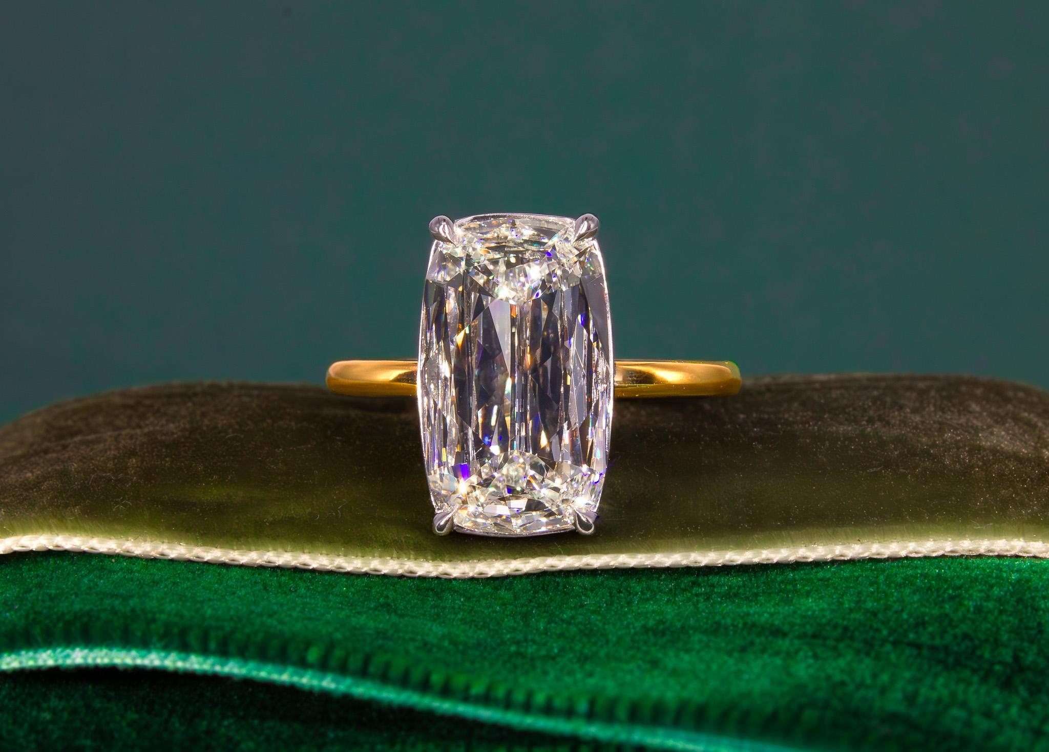 Femenino o masculino J. Birnbach GIA Anillo solitario de diamantes talla cojín alargado de 3,50 quilates L VS2