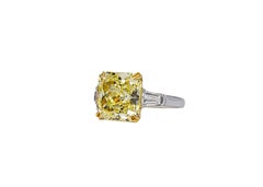 J. Birnbach GIA 4.62 Carat Fancy Yellow VVS2 Radiant Diamond Three Stone Ring