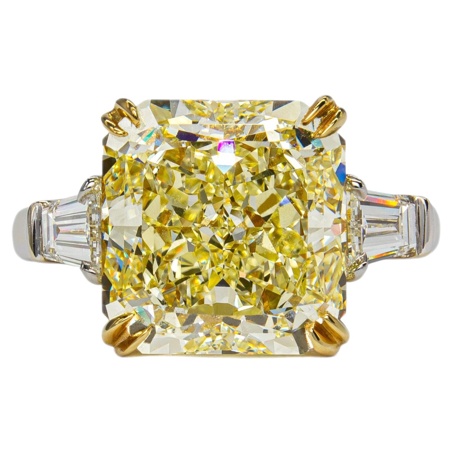 J. Birnbach GIA 4.62 Carat Fancy Yellow VVS2 Radiant Diamond Three Stone Ring