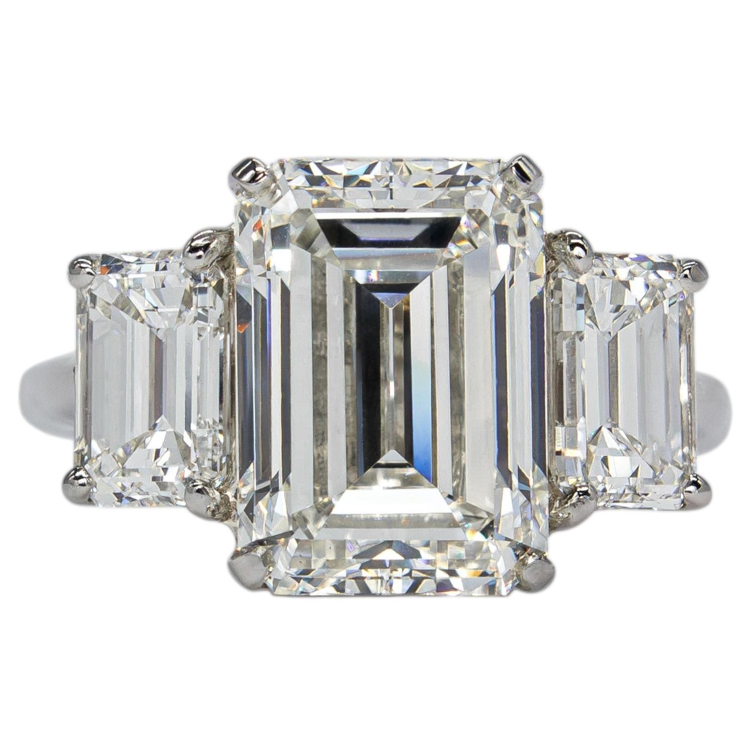 J. Birnbach GIA 4.76 Carat J VS2 Emerald Cut Diamond Platinum Three Stone Ring