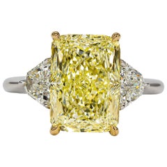 J. Birnbach GIA 5.15 Carat Fancy Yellow Radiant Diamond Three Stone Ring