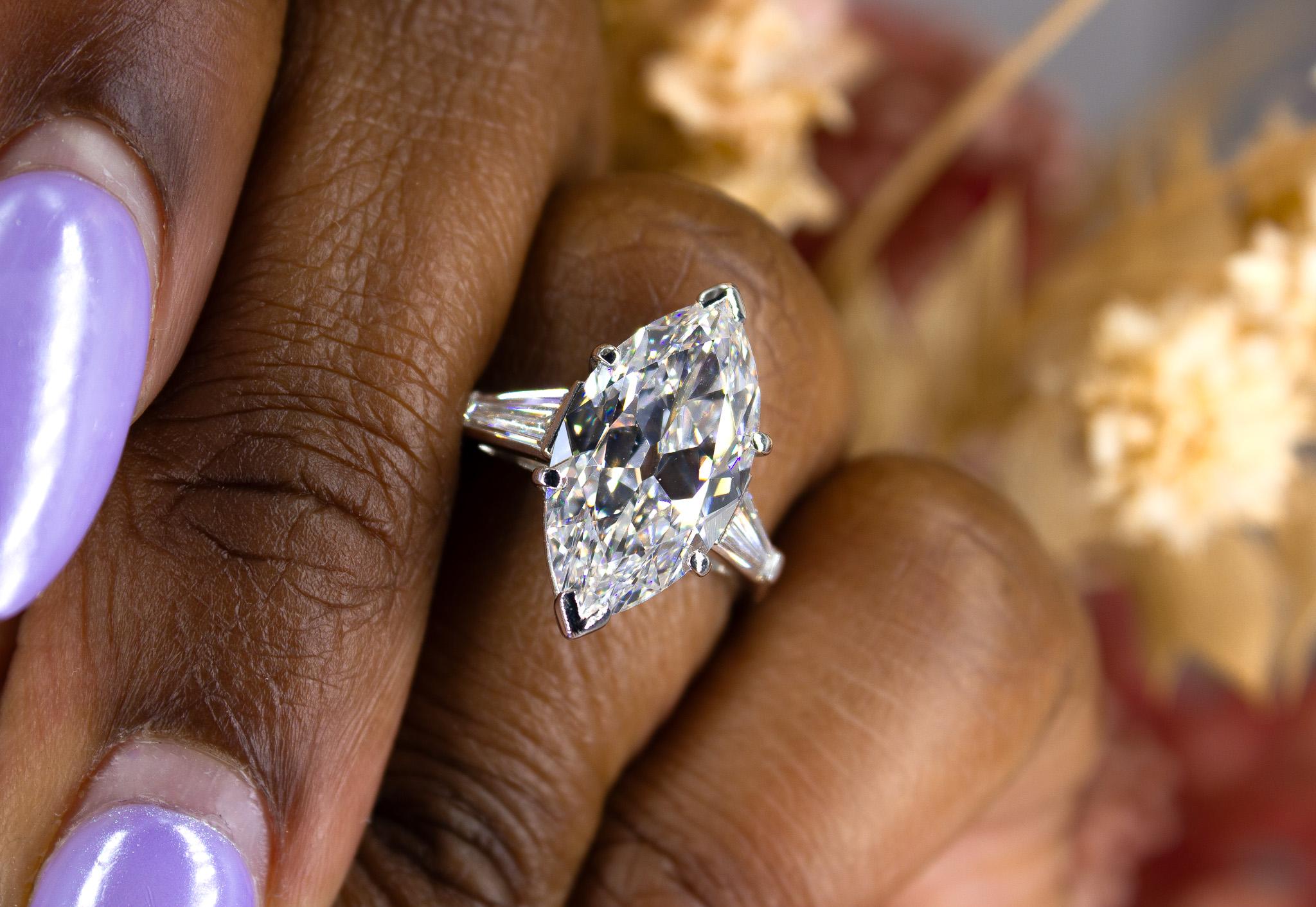 Art Deco J. Birnbach GIA 5.51 Carat F VS1 Antique Marquise Diamond Three-Stone Ring For Sale