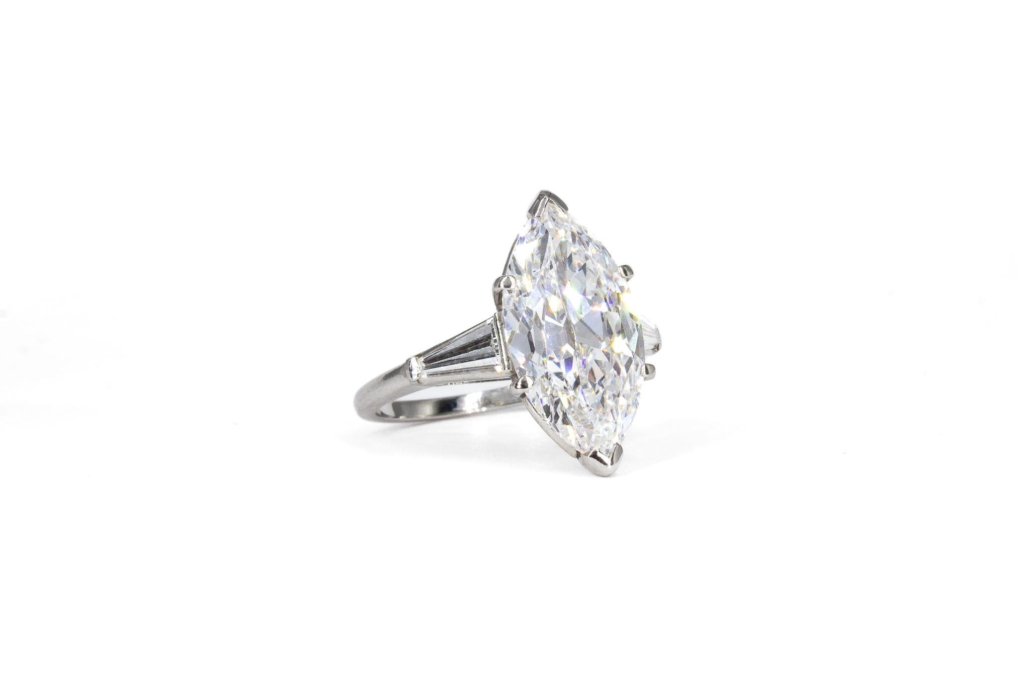 Women's or Men's J. Birnbach GIA 5.51 Carat F VS1 Antique Marquise Diamond Three-Stone Ring For Sale