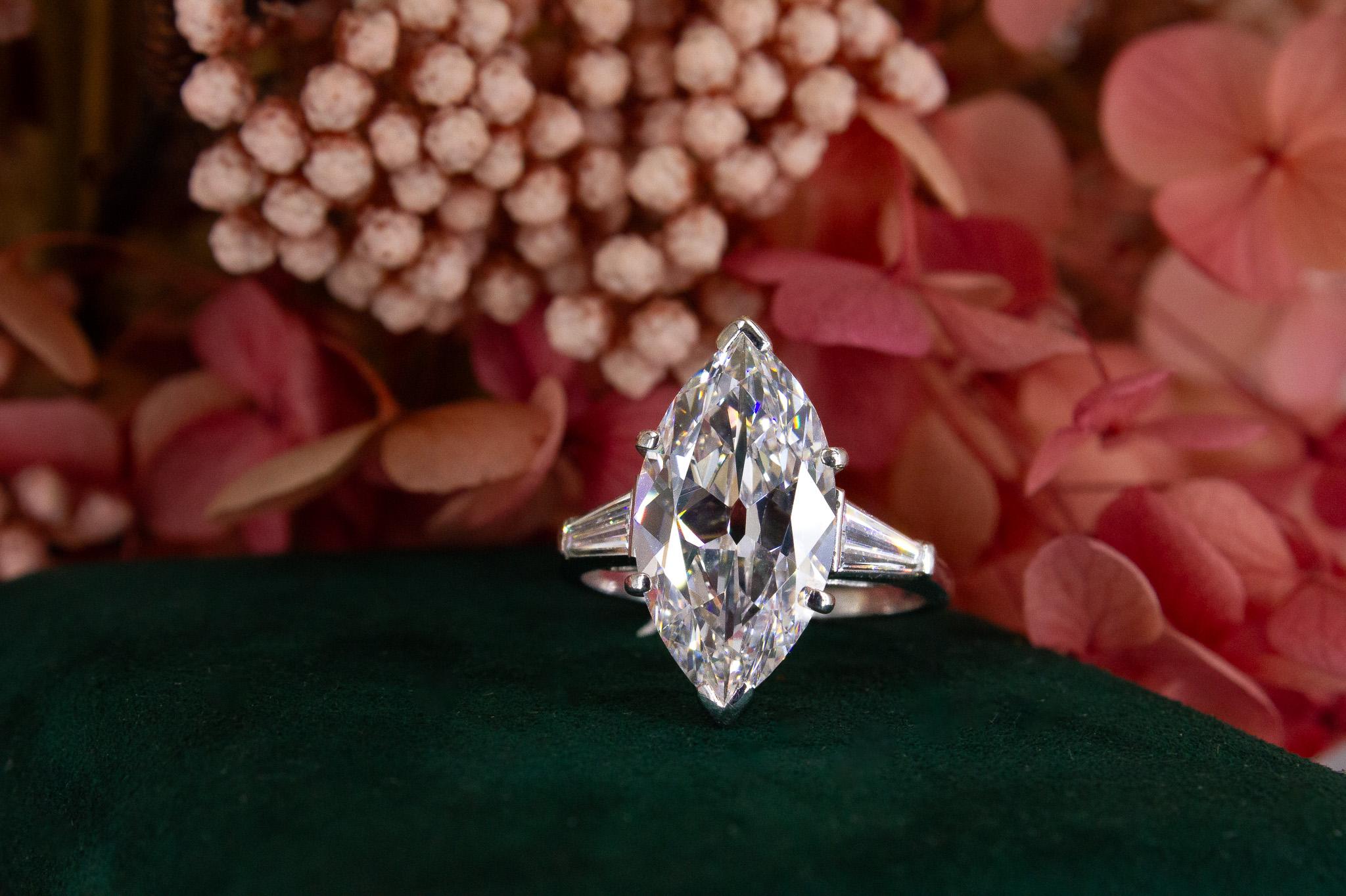 J. Birnbach GIA 5.51 Carat F VS1 Antique Marquise Diamond Three-Stone Ring For Sale 2