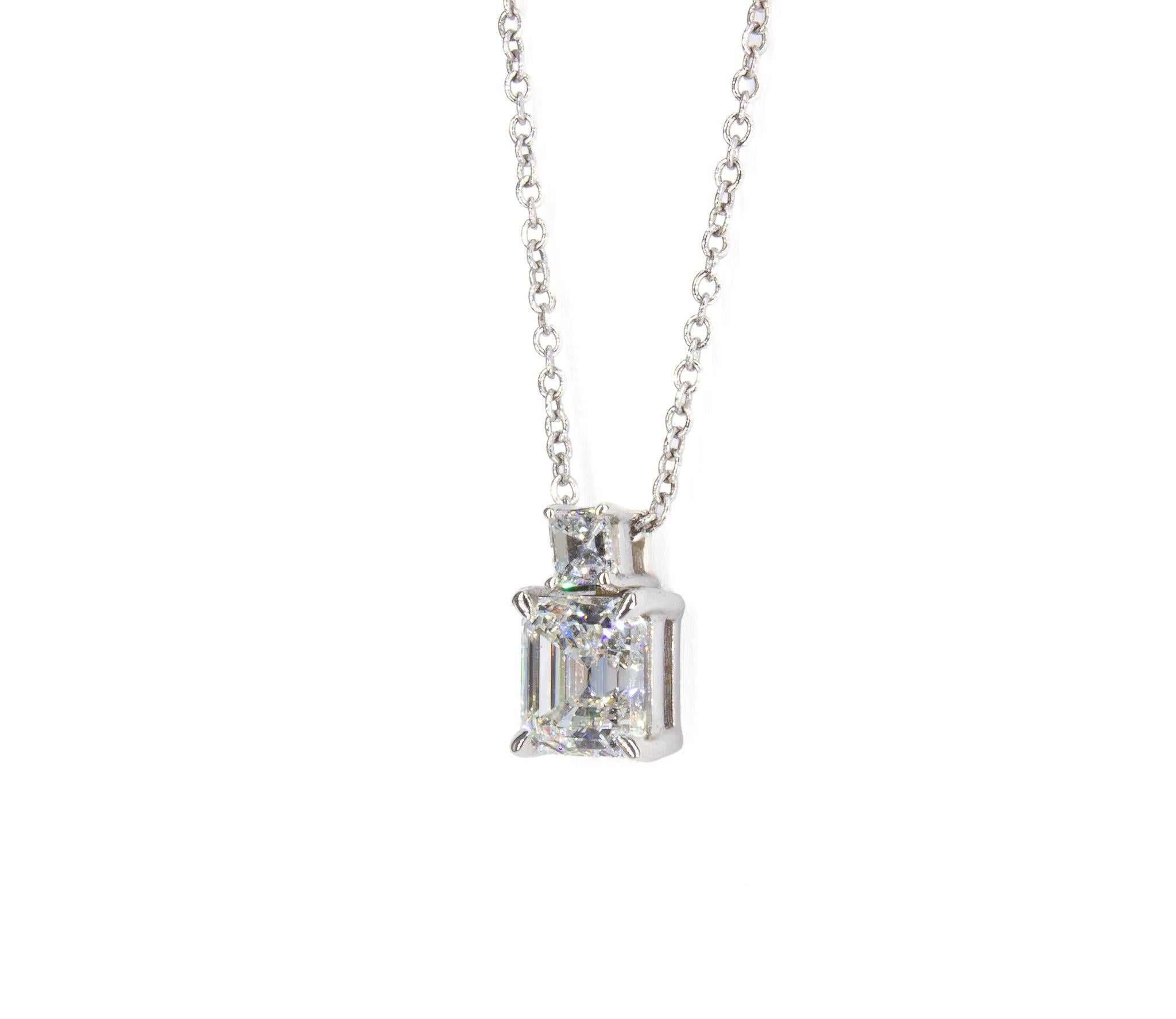 Exuding timeless elegance, this GIA Certified 1.01 Carat Emerald Cut Diamond Pendant Necklace is a stunning statement of refined beauty. At its heart is a gorgeous 1.01 carat emerald cut diamond, GIA certified with G color and VS1 clarity,